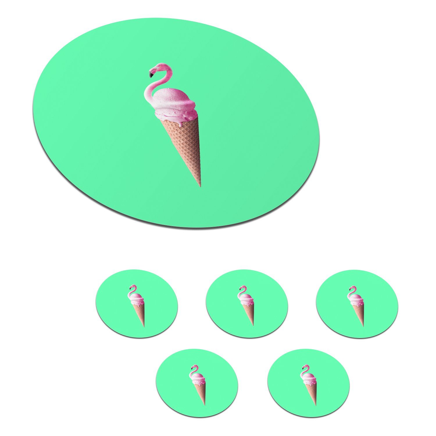 MuchoWow Glasuntersetzer Eistüten - Eiscreme - Flamingo - Rosa - Grün, Zubehör für Gläser, 6-tlg., Getränkeuntersetzer, Tassenuntersetzer, Korkuntersetzer, Tasse, Becher