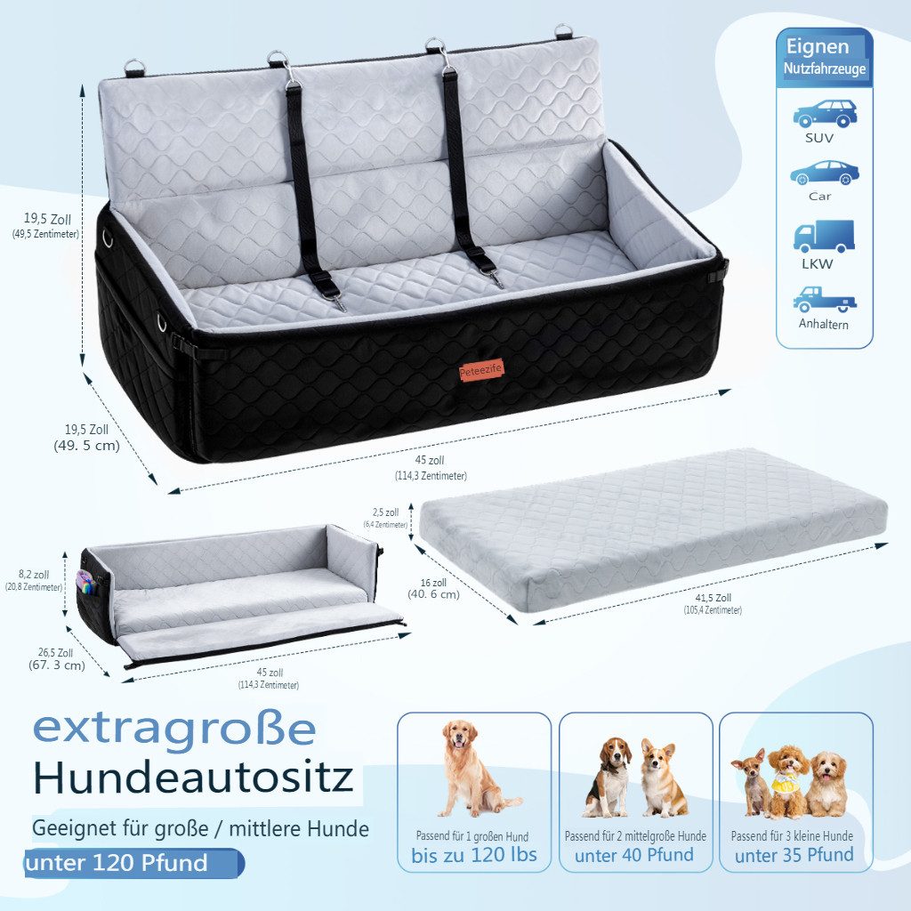 Insma Hunde-Autositz XXL Autositz und Bett 114,3×49,5×49,5cm für große Hunde bis 55kg, Hundebett Hundesitz mit Sicherheitsleinen, abnehmbar & waschbar