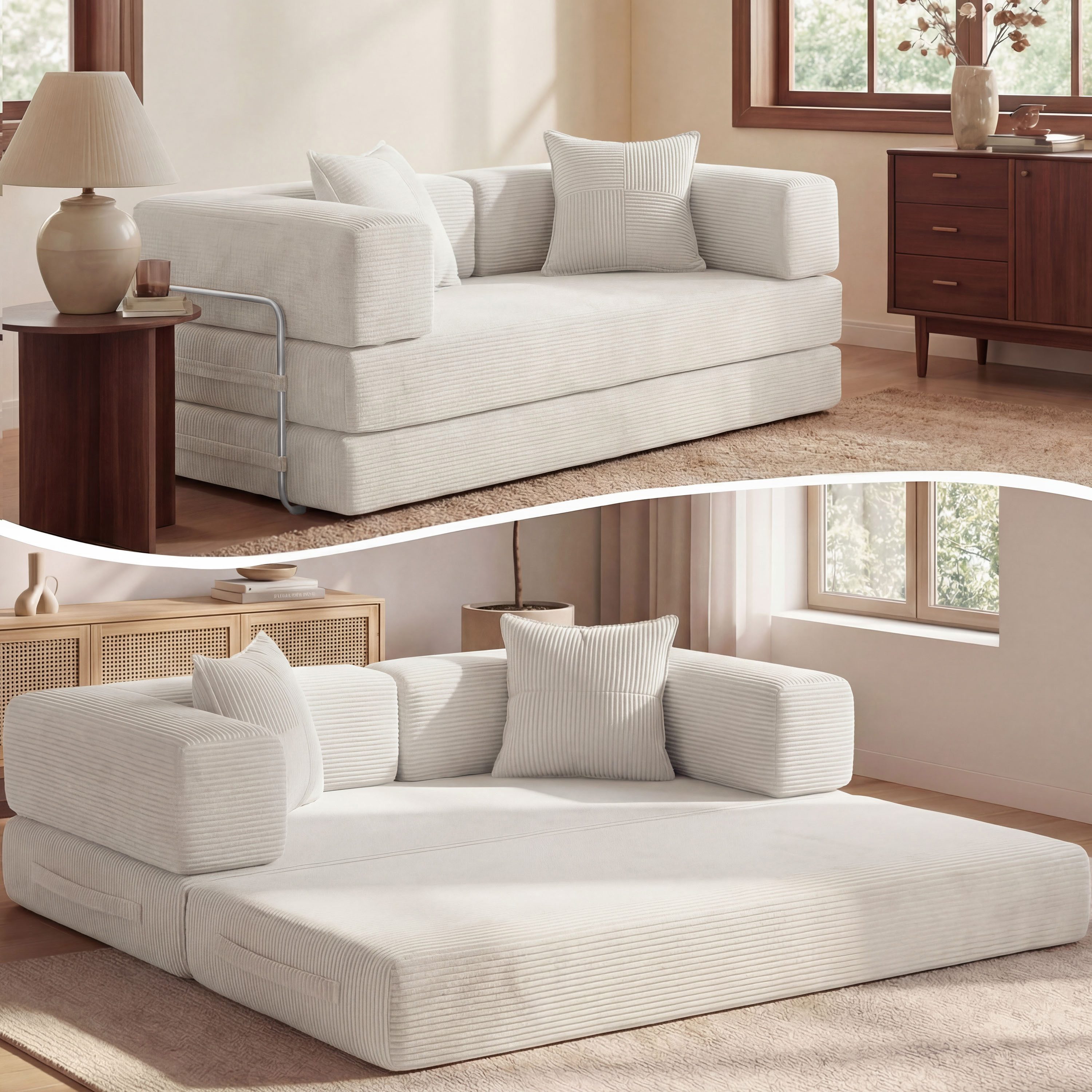 Vipbear Sofa 5-in-1 Wandelsofa aus Cord, Modulares Bodensofa, 1 Teile, montagefrei, Beige