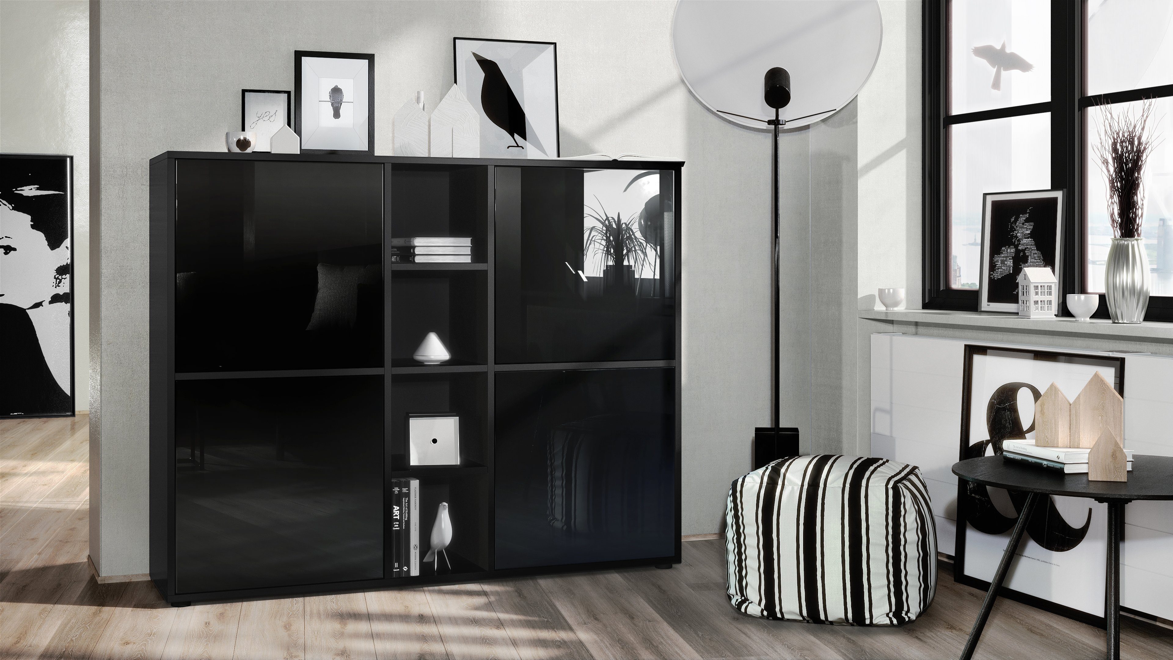 Vladon Highboard Cuba V3 (Highboard, Schrank Anrichte Cuba V3 mit 12 Fächern), Korpus in Schwarz matt / in Schwarz glänzend (130,5x105,5x35,5 cm)