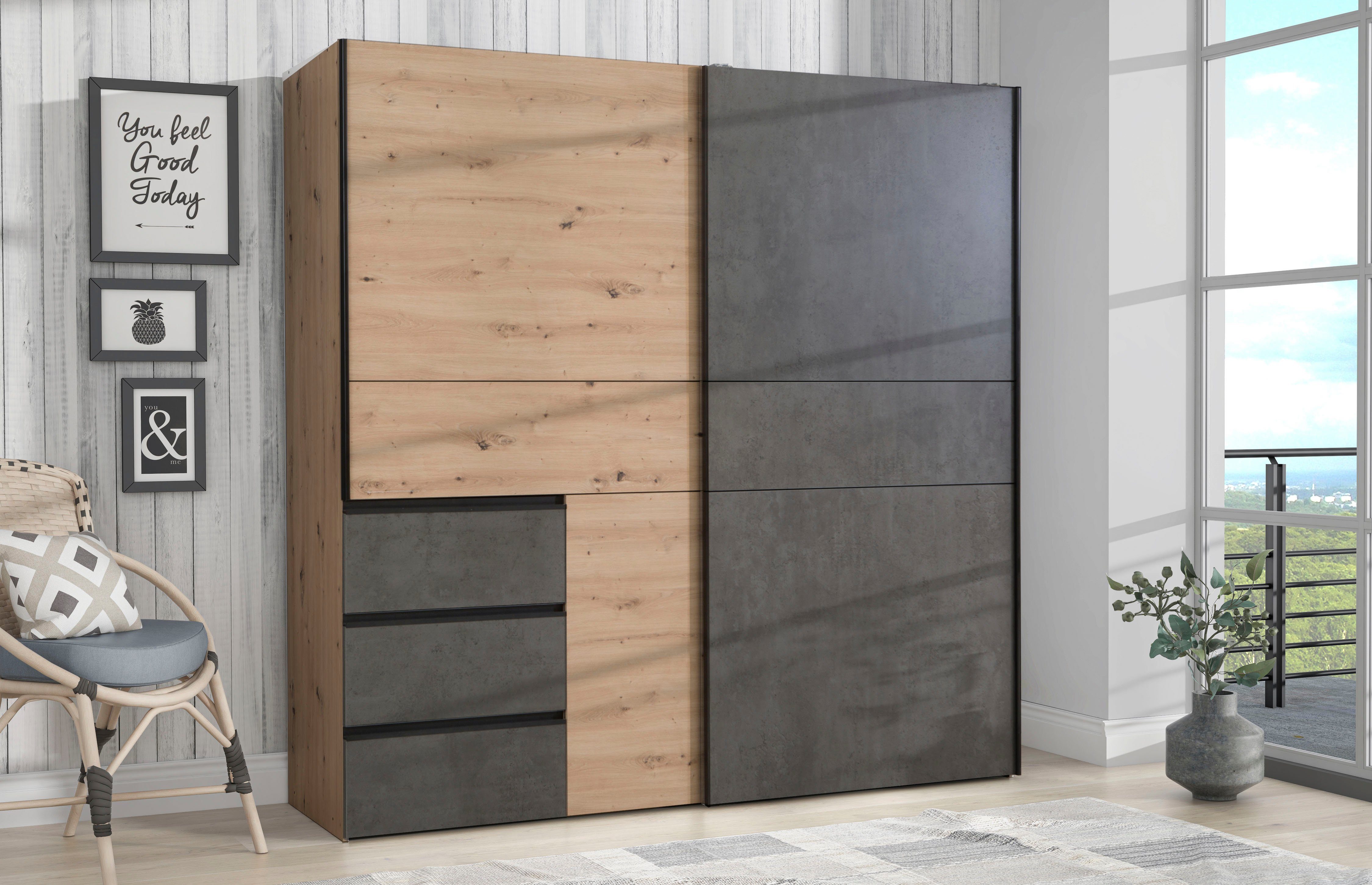 FORTE Schwebetürenschrank Winn, Schiebetürenschrank mit 3 Schubladen, Made in Europe (In 2 Größen erhältlich - B/H/T ca. 170x200,5x61cm und 200x200,5x61cm) verschiedene Größen und Farben, sehr viel Stauraum