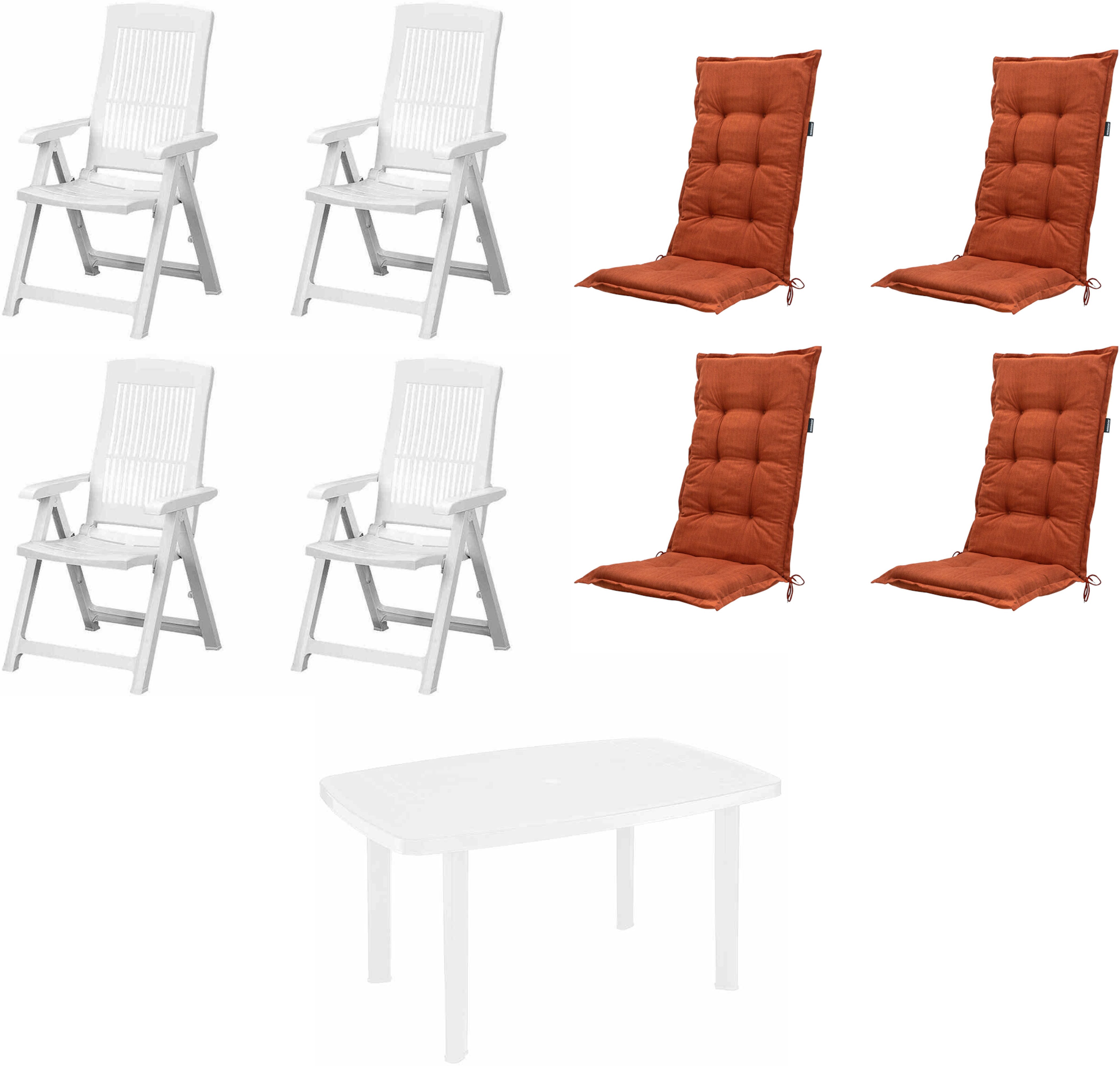 Progarden Garten-Essgruppe Tampa + Faro, (Set, 9-tlg), bestehend aus 4 Sessel, 4 Auflagen und 1 Tisch