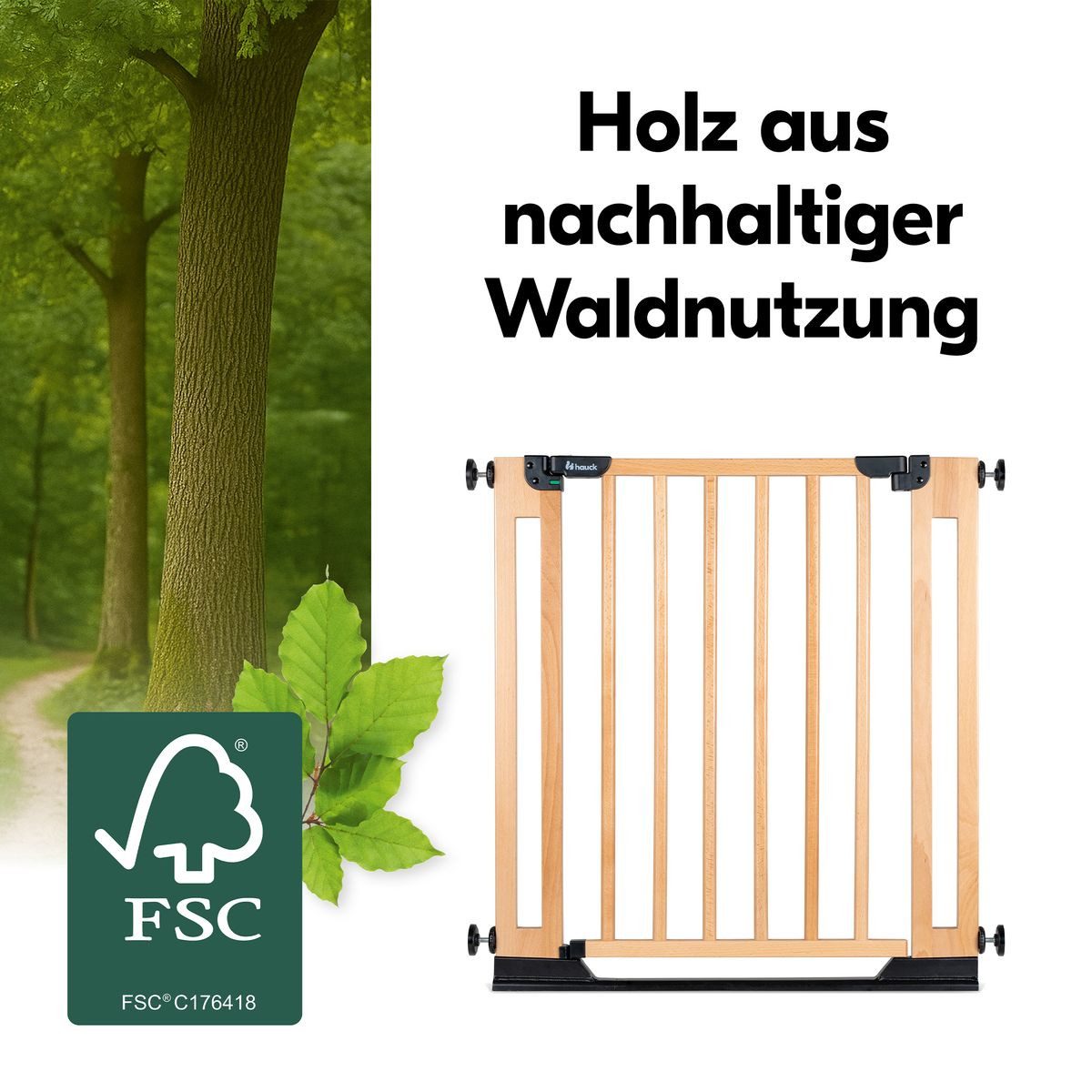 Hauck Türschutzgitter Clear Step Easyclose Eco - Beech, Buchenholz - Tür- & Treppenschutzgitter für Kinder bis max. 24 Monate