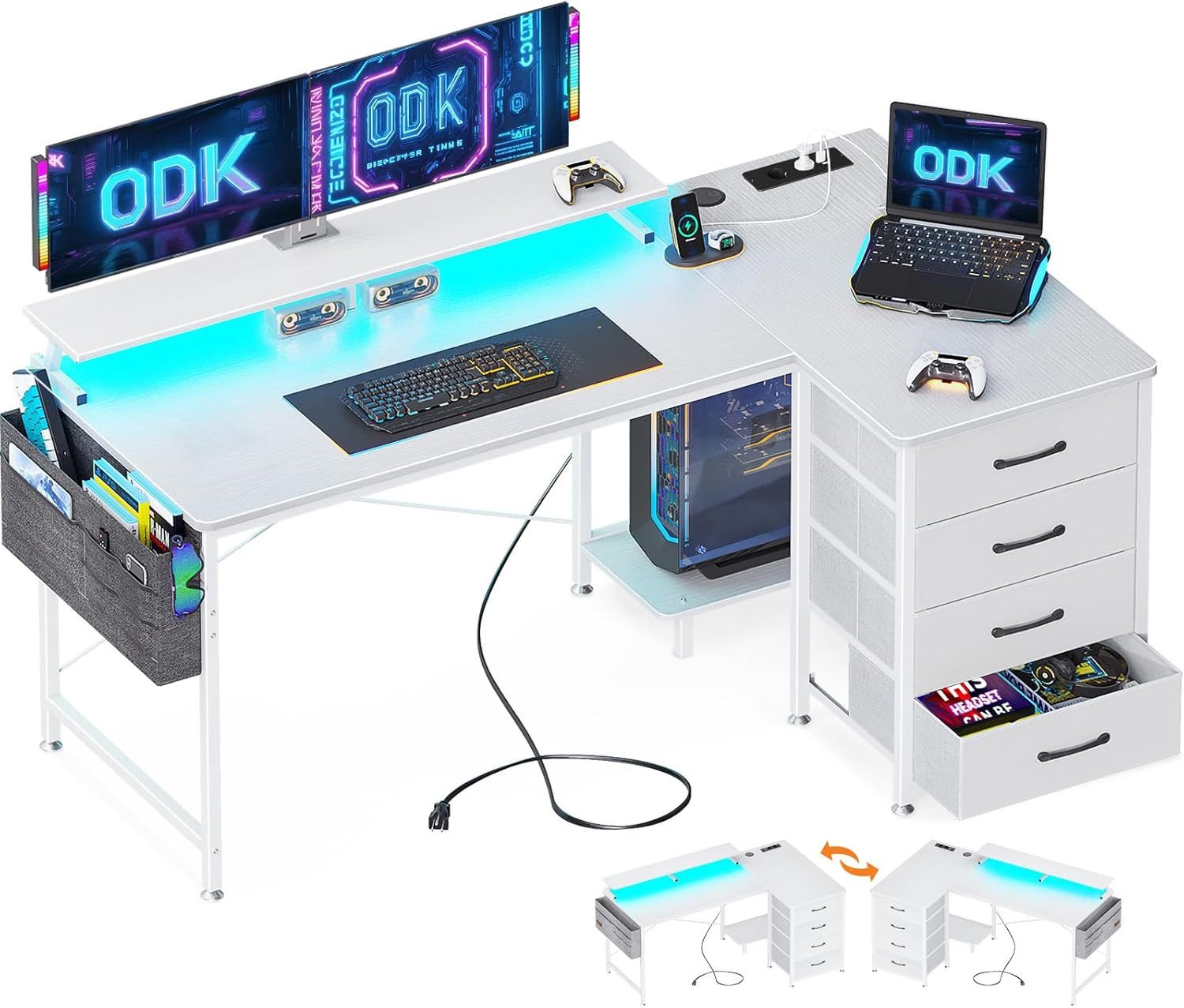 ODK Eckschreibtisch ODK Eckschreibtisch mit 4 Schubladen, Steckdosen & USB-Anschluss