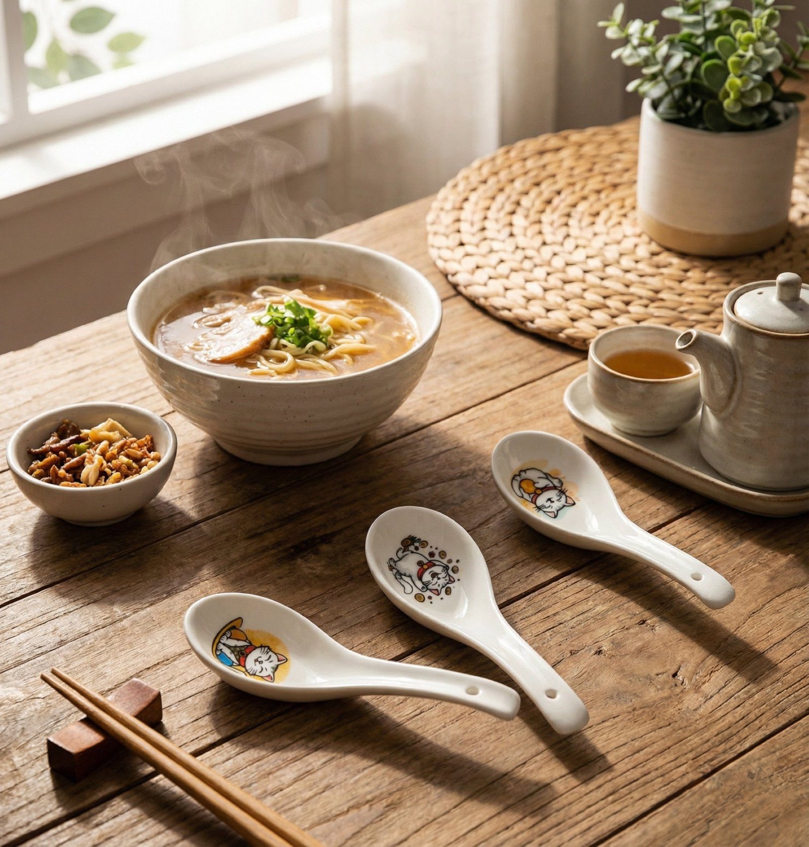WestCraft Suppenlöffel Glückskatze Porzellanlöffel 3er Set für Ramen, Suppe, Reis & Dessert (3 Stück), Mit 3 Maneki Neko Motiven, lebensmittelecht & alltagstauglich