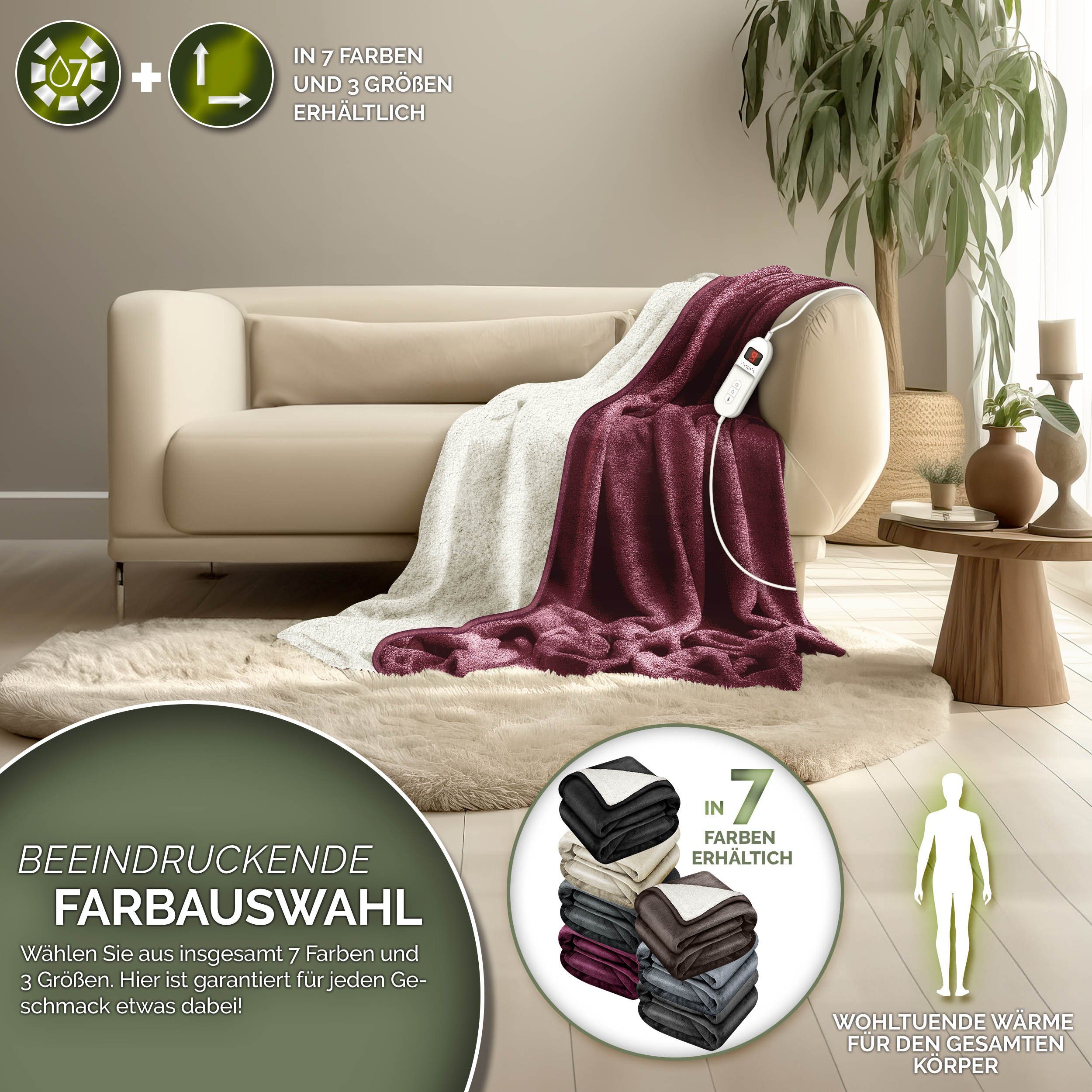 sinnlein Heizdecke mit Abschaltautomatik Elektrische Wärmedecke, mit 9 Temperaturstufen Kuscheldecke Bett, Sofa, Decke elektrisch mit Timer Digitalanzeige, 9 Temperaturstufen