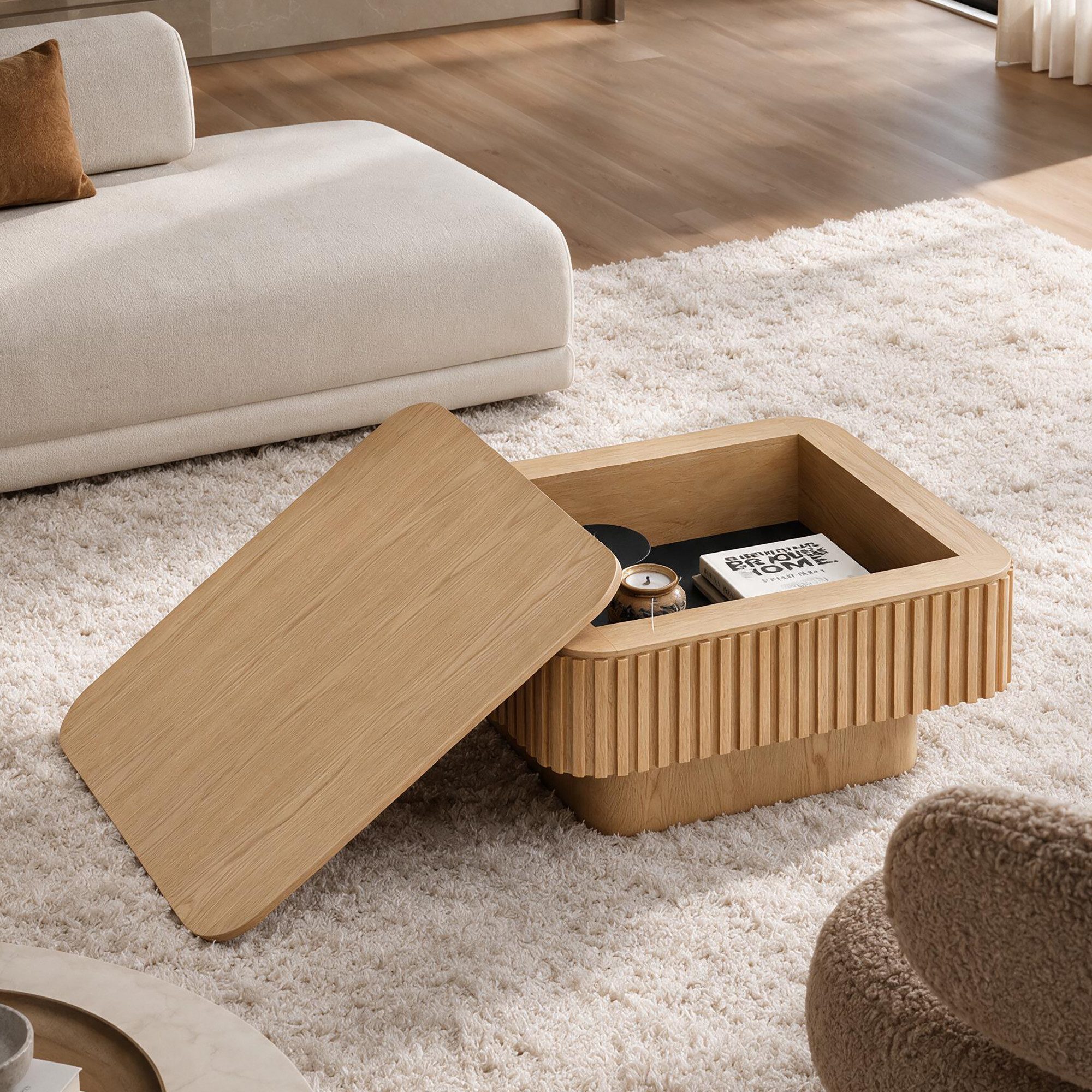 Celya Couchtisch Quadratischer Cocktailtisch mit verstecktem Stauraum (aus furniertem Massivholz, einfache Montage in 5 Minuten)