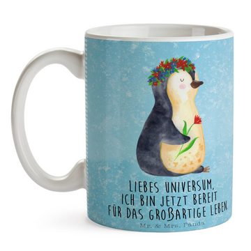 Mr. & Mrs. Panda Tasse Pinguin Blumen - Eisblau - Geschenk, Motivation, Porzellantasse, Blum, Keramik, Herzberührende Designs