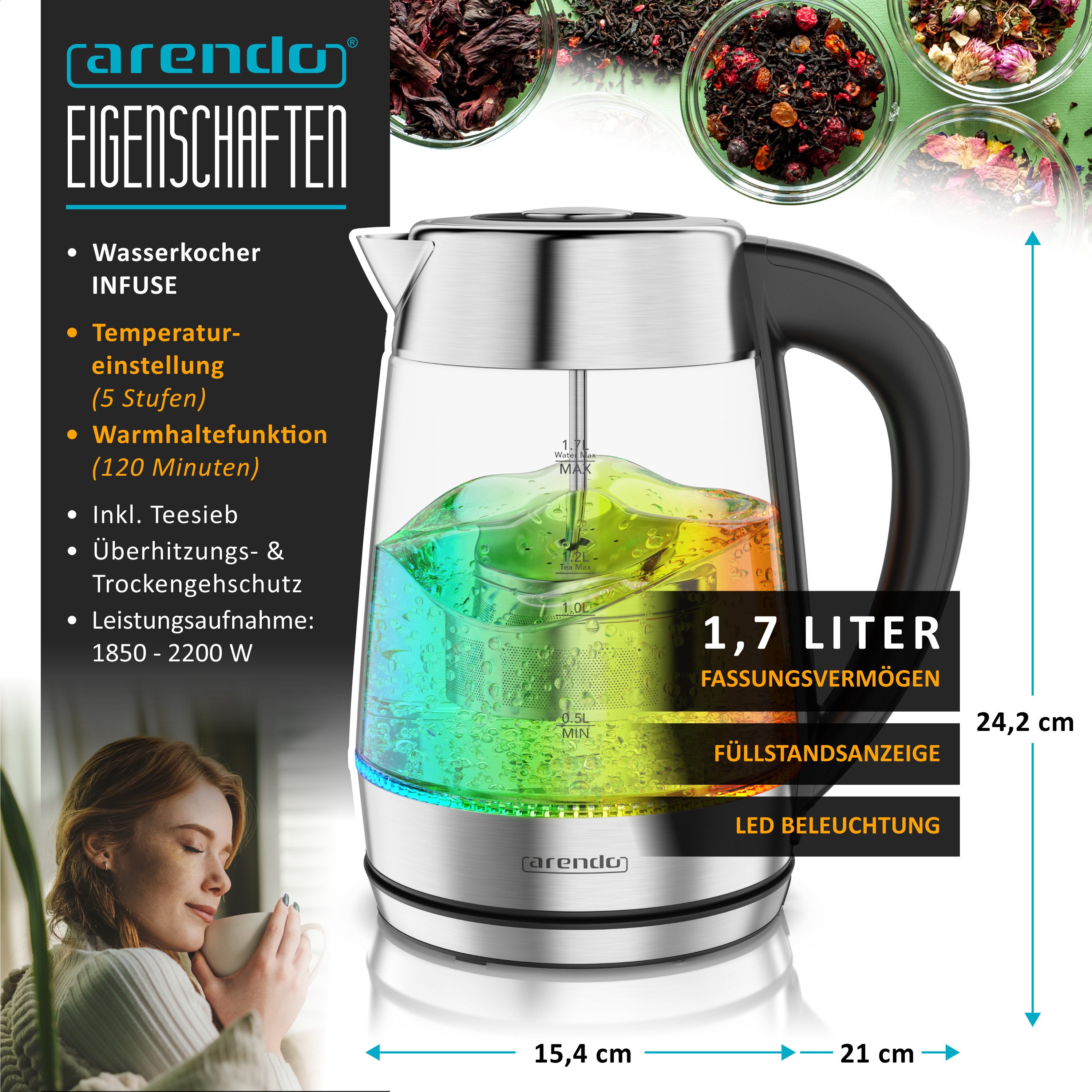 Arendo Wasserkocher Glas & Edelstahl 2in1 Teebereiter mit Teesieb & 5 Temperaturen, 1.7 l, 2200 W, Teekocher für losen Tee, 5 Stufen 40-100°C, LED-Licht & 2h Warmhalten