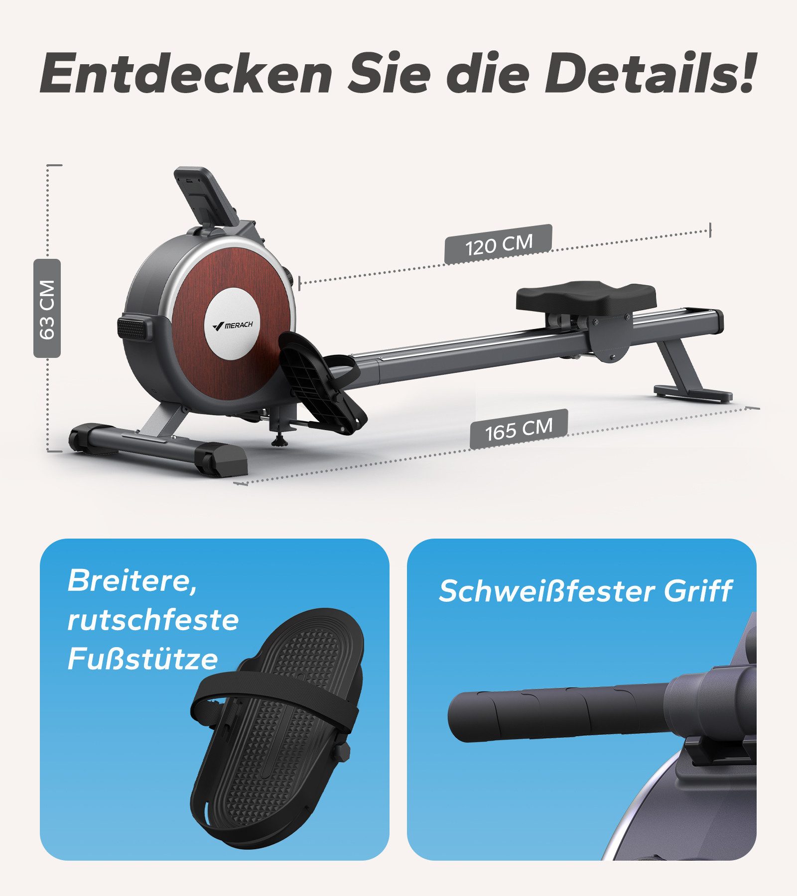 MERACH Rudergerät für Zuhause, 16 Stufen Widerstand, Leise und Stabilität (Magnetisches Rudergerät mit Upgrade Doppel-Slide-Rails, Exklusiver APP, Bluetooth LCD-Datenanzeige), Einfacher Aufbau, Die Erste Wahl für Heimfitness