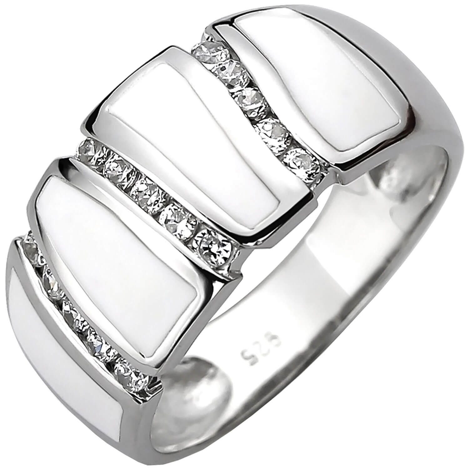 Silberring Ring aus 925 Silber 15 Zirkonia & weiße Emaille