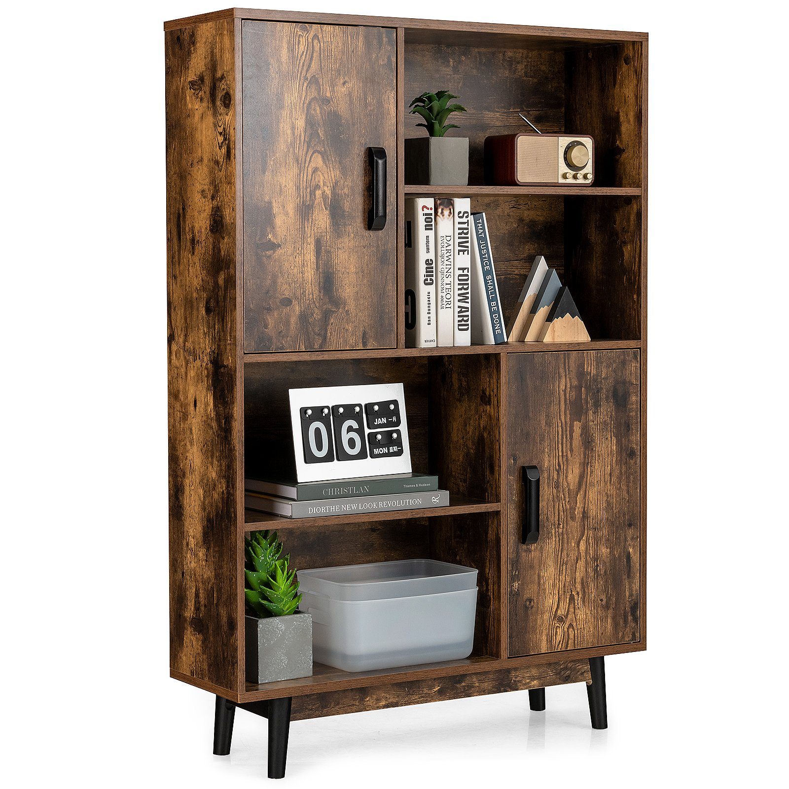COSTWAY Bücherregal, mit 2 Türen & 4 Regalen, Kippsicherung, Holz, 80x24x120cm Kaffee