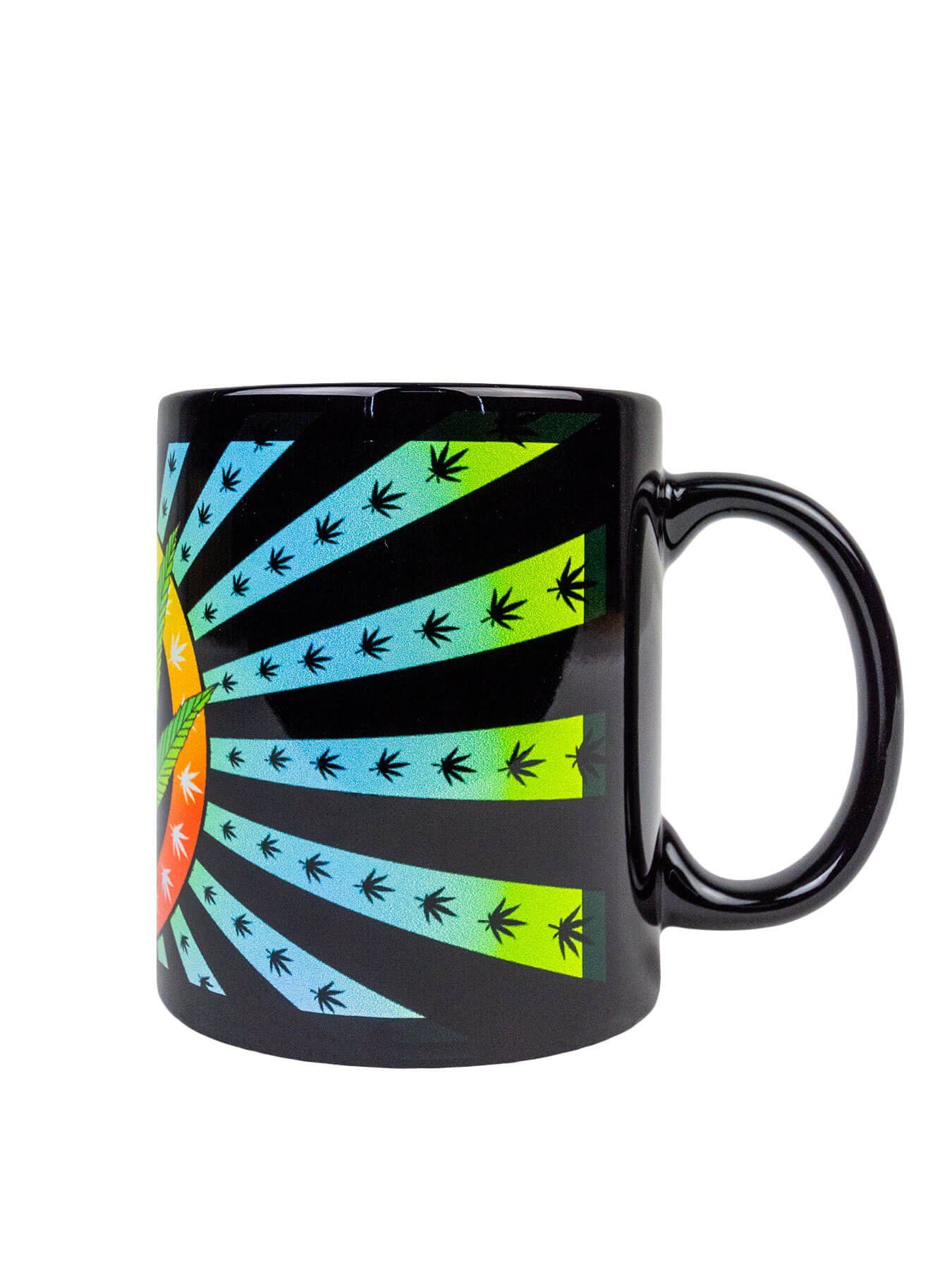 PSYWORK Tasse Fluo Cup Neon unter Tasse leuchtet Motiv Schwarzlicht Leaf", Keramik, UV-aktiv, "Weed