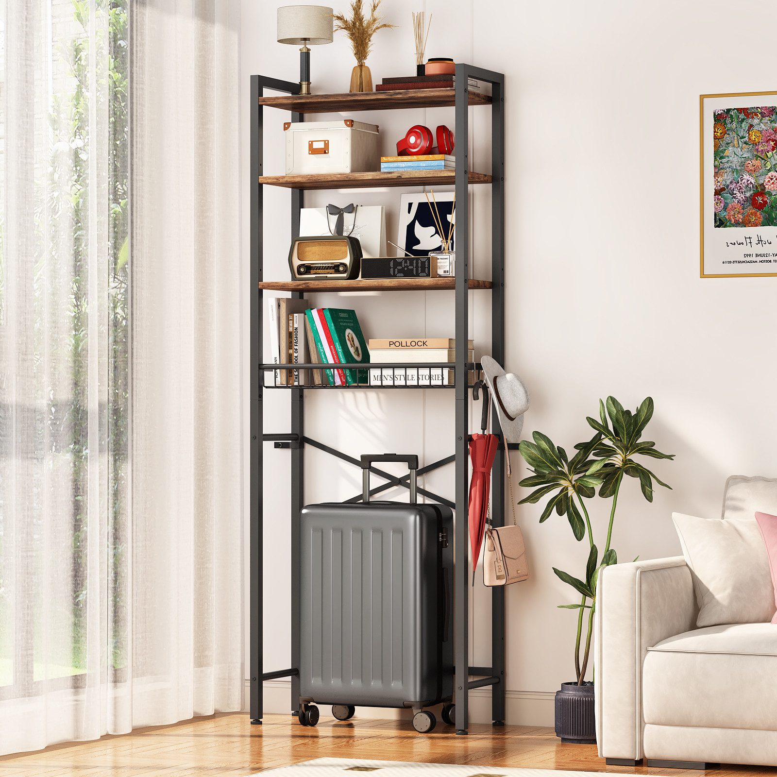 Kalrin Badregal Blumenständer Regal Über der Toilette mit Aufbewahrungskörben, Toilettenregal, Waschmaschinenregal für Geräte bis 56 cm Breite,173 x 56 x 24cm