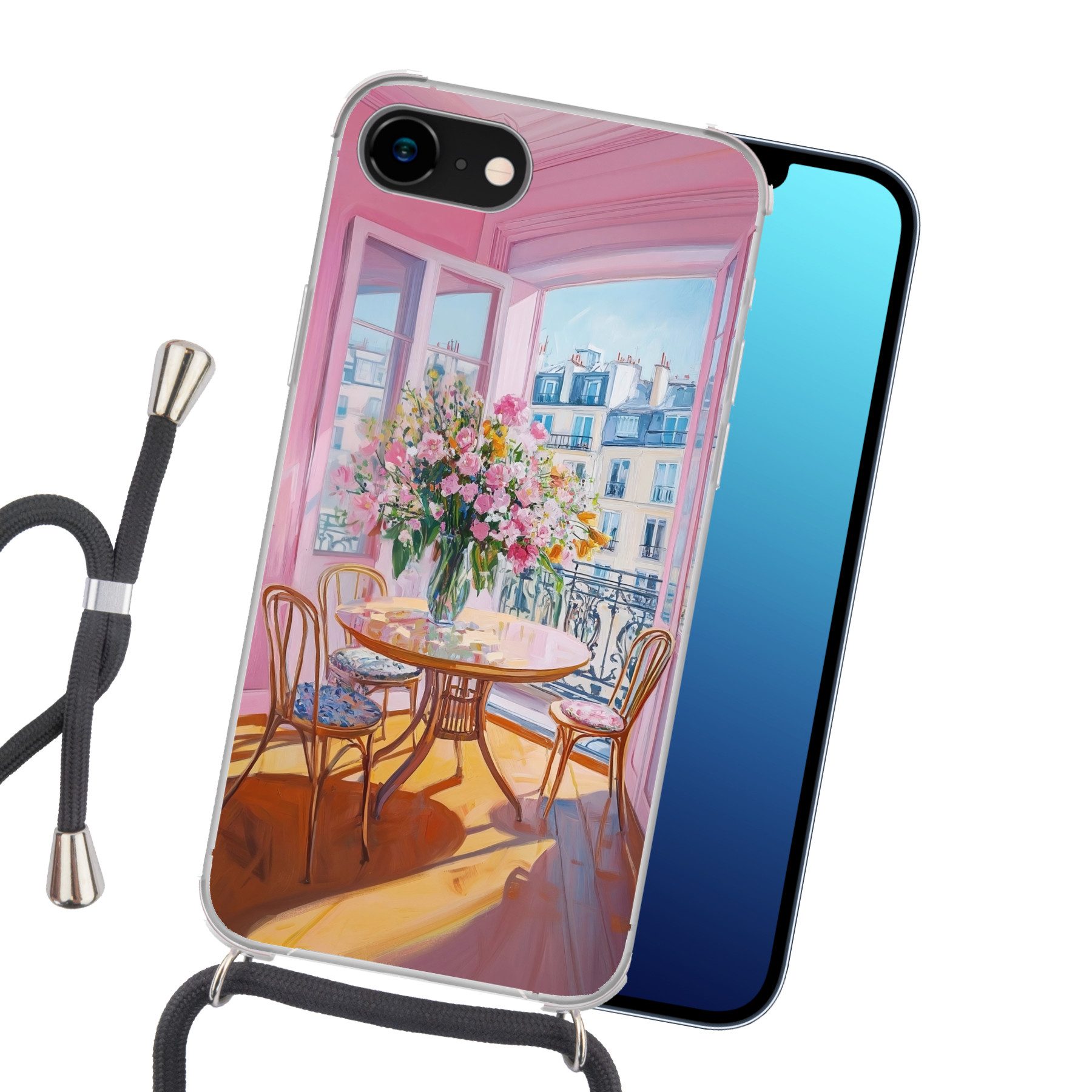 MuchoWow Handyhülle für Apple iPhone 8 Rosa - Stadt - Blumen, Tragbare Handyhüllen mit Kette zum umhängen, Handykette Handyband
