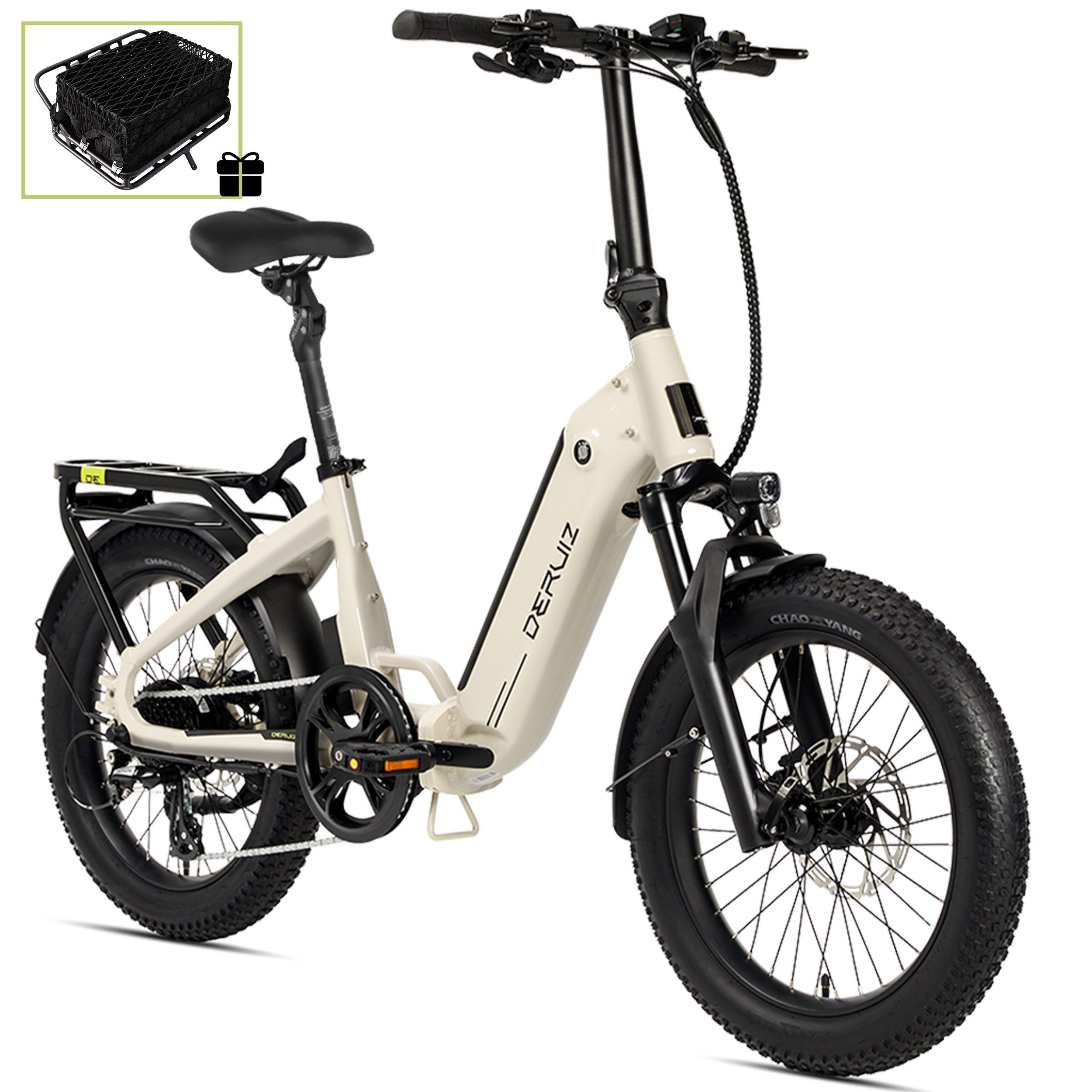 DERUIZ E-Bike Klapprad 20x3,0 Zoll, max. 140km, Federsattelstütze, 5 Stufen, mit Bluetooth, 8 Gang SHIMANO SHIMANO ALTUS 11-32T Schaltwerk, Kettenschaltung, Heckmotor, 500 Wh, (mit Akku-Ladegerät, mit Werkzeug), RH:36cm, Bremslicht, Gepäckträger (max.50kg), hydraulische Bremsen