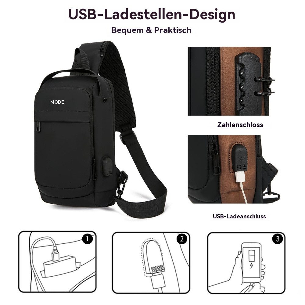 Blusmart Umhängetasche Brusttasche Sling Bag mit USB-Ladeanschluss (Passwortschutz Crossbody Bag, Wasserdicht), Für Reisen Wandern mehrere Taschen Sling Daypack – Bild 4 von 5
