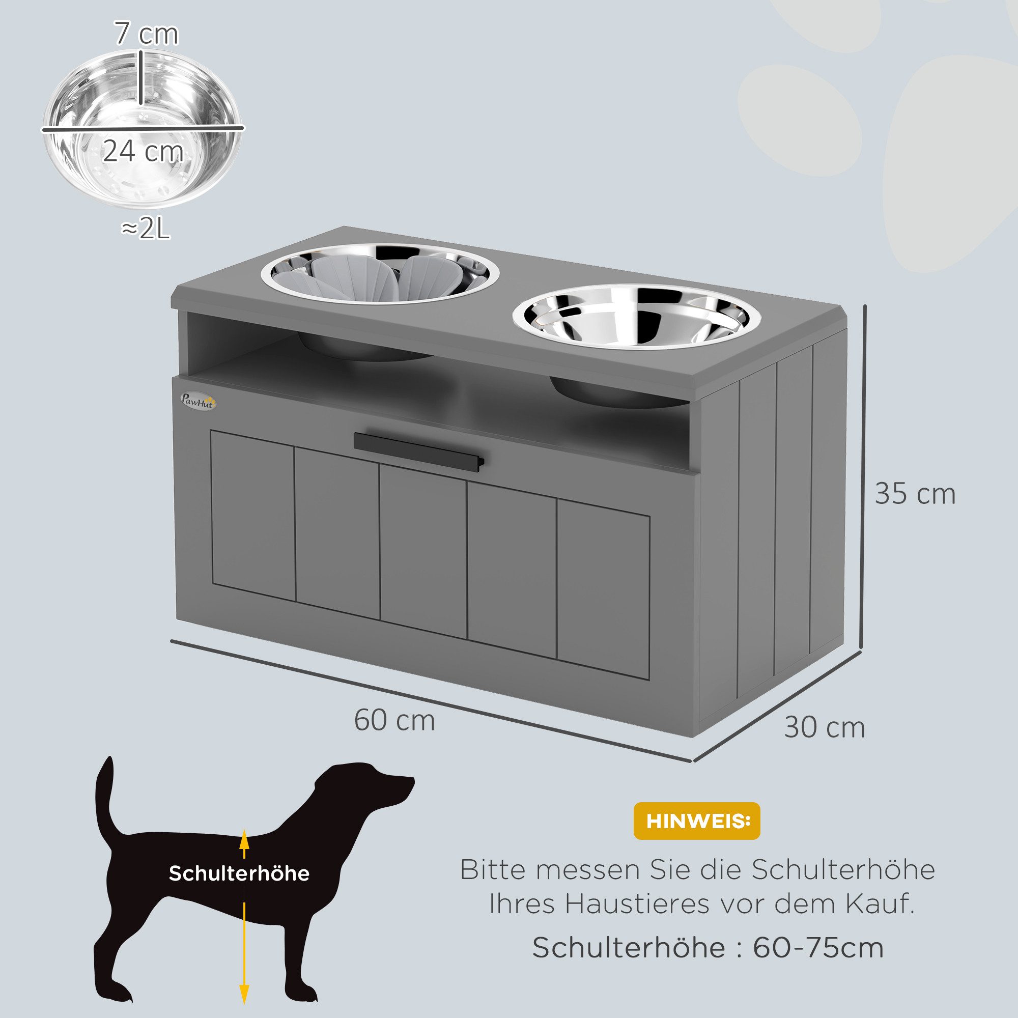 PawHut Futternapf Erhöhte Futterstation mit 2 Edelstahlschüsseln, Anti-Schling-Matte, Edelstahl, für große und extra große Hunde, Grau