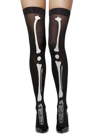 Smiffys Kostüm Knochen Design Overknees, Schwarze Strümpfe mit weißem Skelettaufdruck