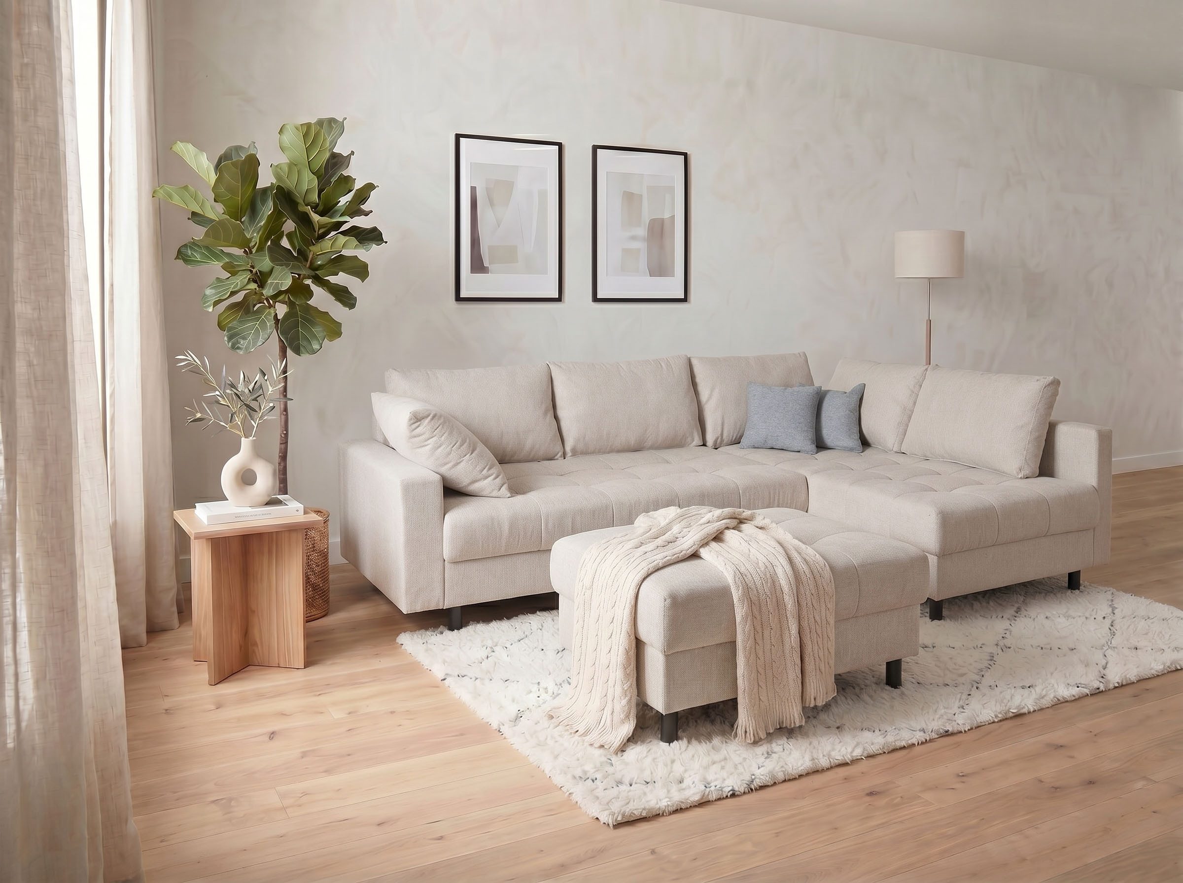 COLLECTION AB Ecksofa Toni L-Form 274 cm, Set: Sofa & Hocker, 2 Zierkissen, Bonell-Federkern