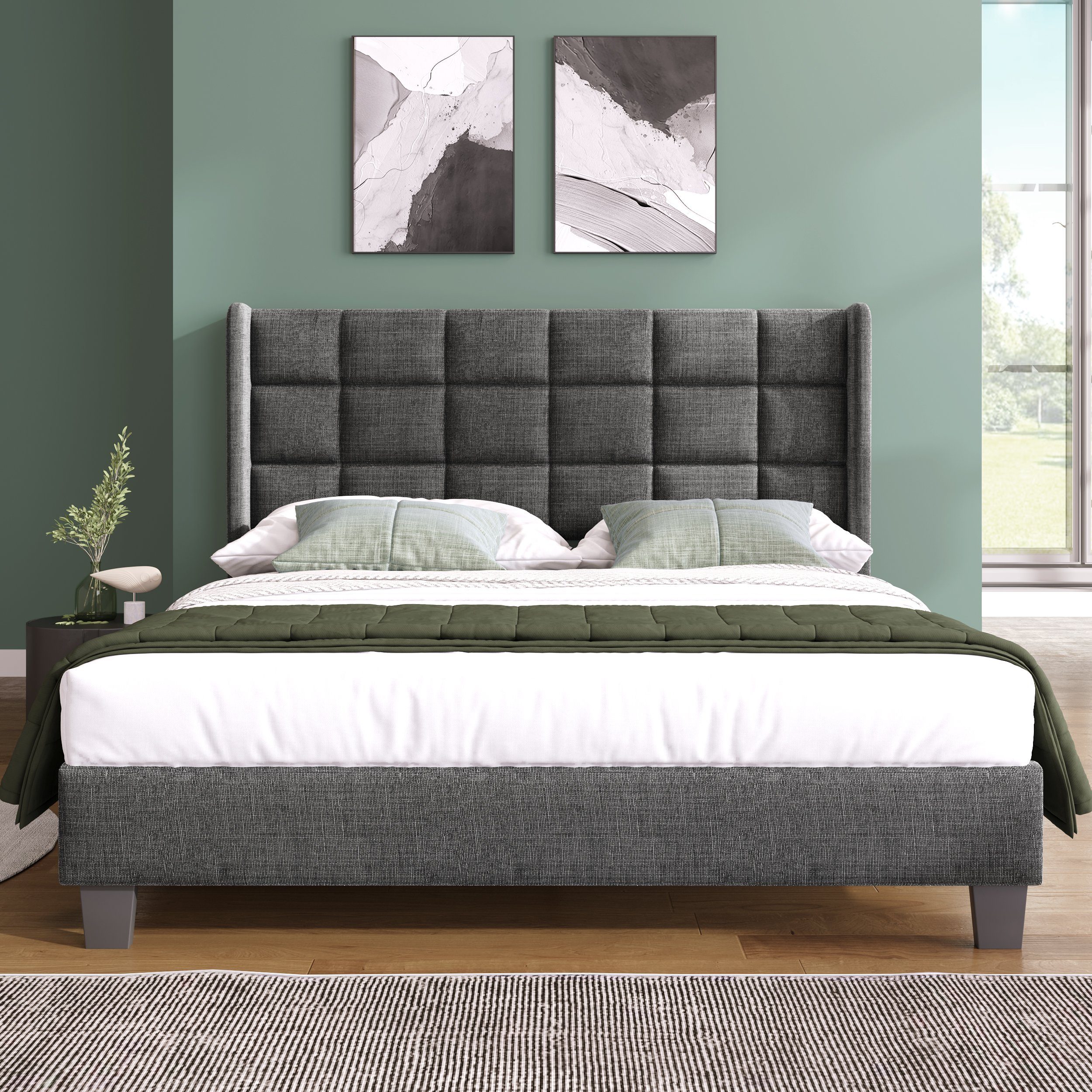 Flieks Polsterbett, Leinen Doppelbett Massivholzbett 140x200cm günstig online kaufen
