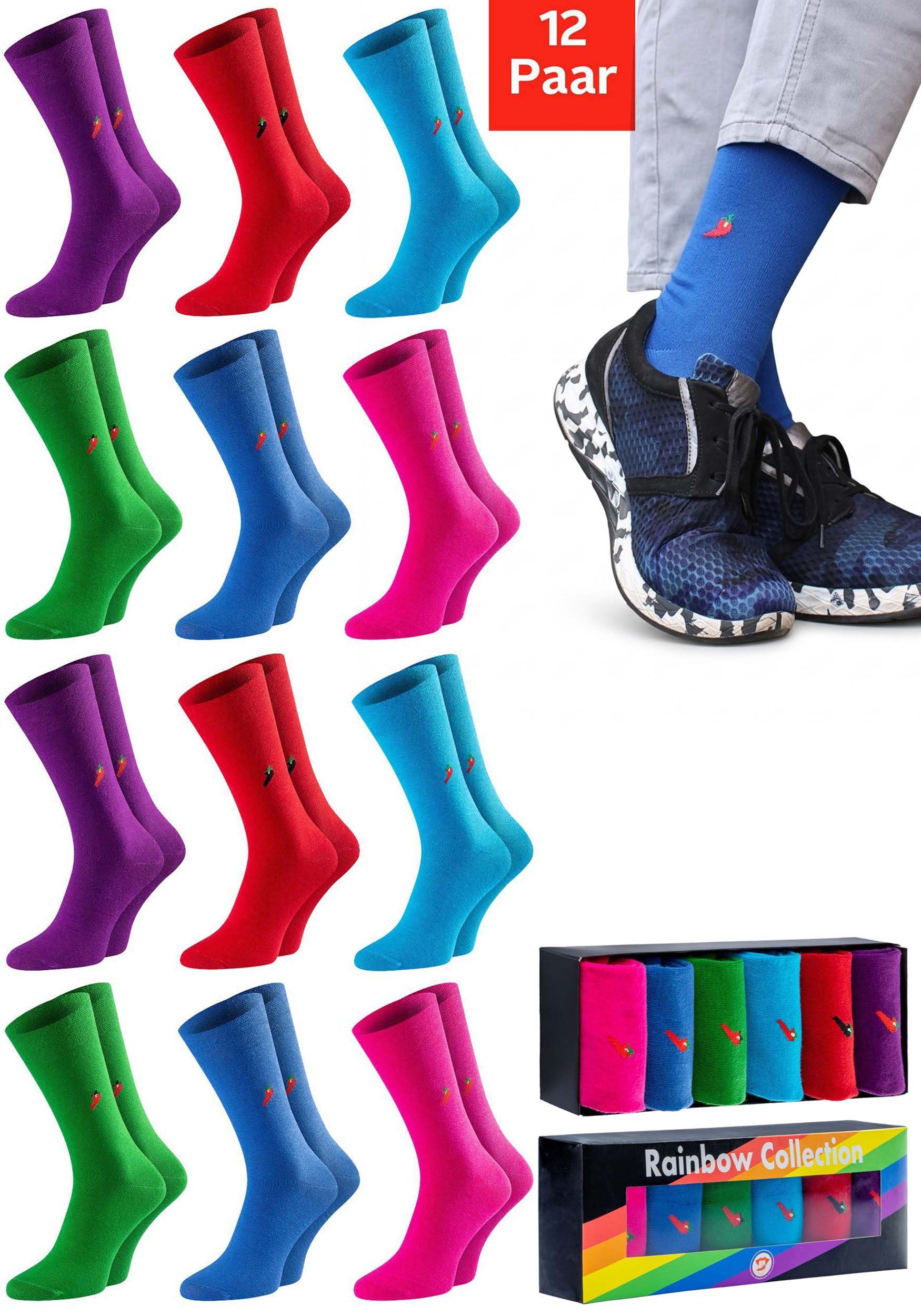 Chili Lifestyle Freizeitsocken LIMITED EDITION Rainbow Bunte Socken - Eyecatcher Farben aus Baumwolle (Multipack, 12-Paar, 6 Farben - Baumwollsocken) Weichbund ohne Gummidruck für Damen und Herren - Exklusive Geschenkbox