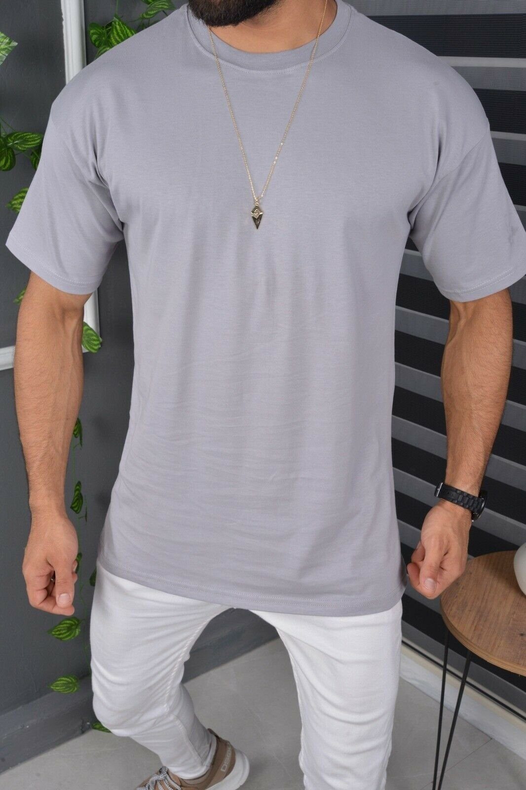 Megaman Jeans Oversize-Shirt T-Shirt Oversize Tee Kurzarmshirt Basic Sommer Unifarben Shirt Long-Tee T-Shirt Grau