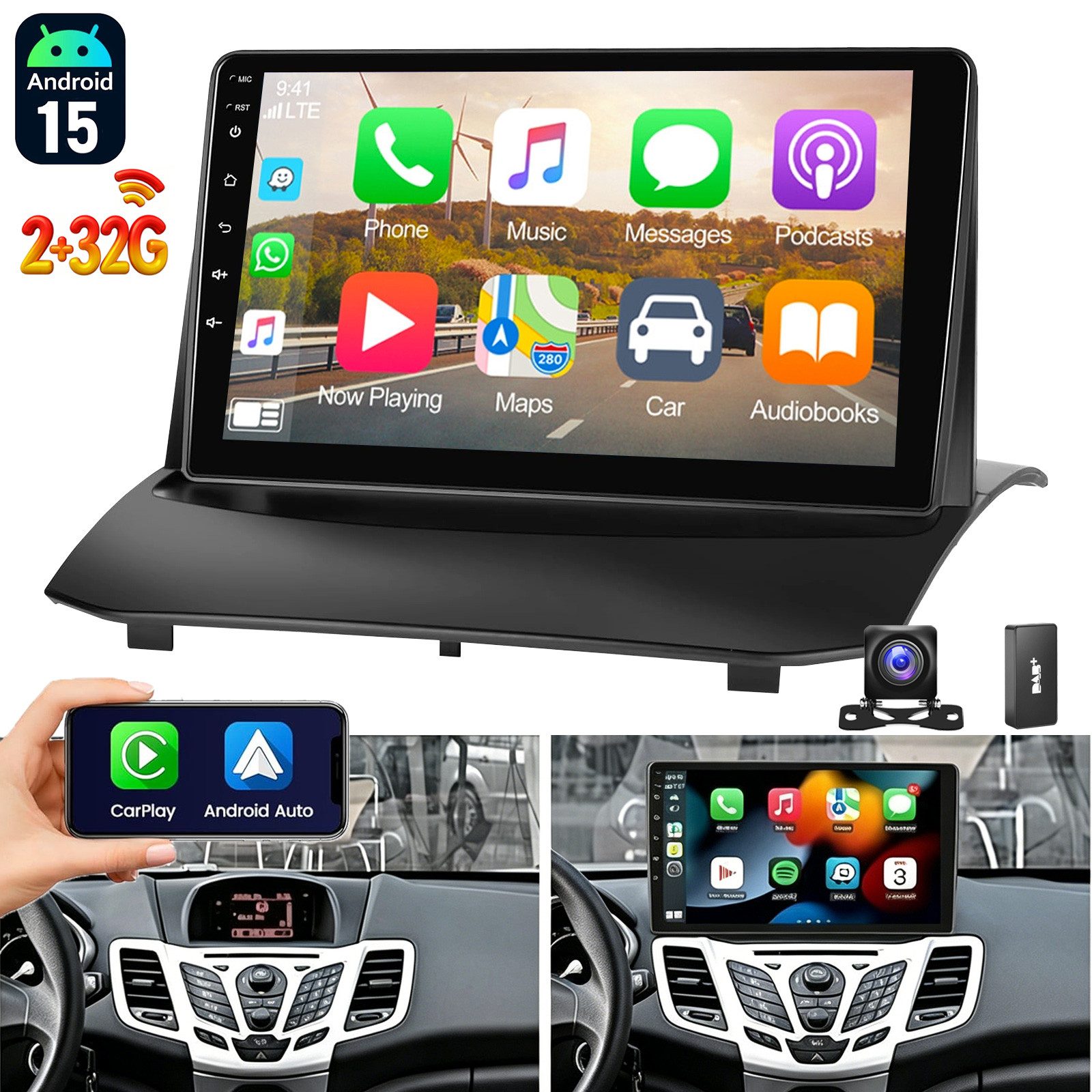 ESSGOO DAB+ Android 15 Autoradio GPS Navi WIFI Für Ford Fiesta MK6 2009-2017 Autoradio (4+64GB(optional), FM, AM, DAB+ (optional), Apple Carplay & Android Auto,Bluetooth EQ USB Touchscreen SWC)
