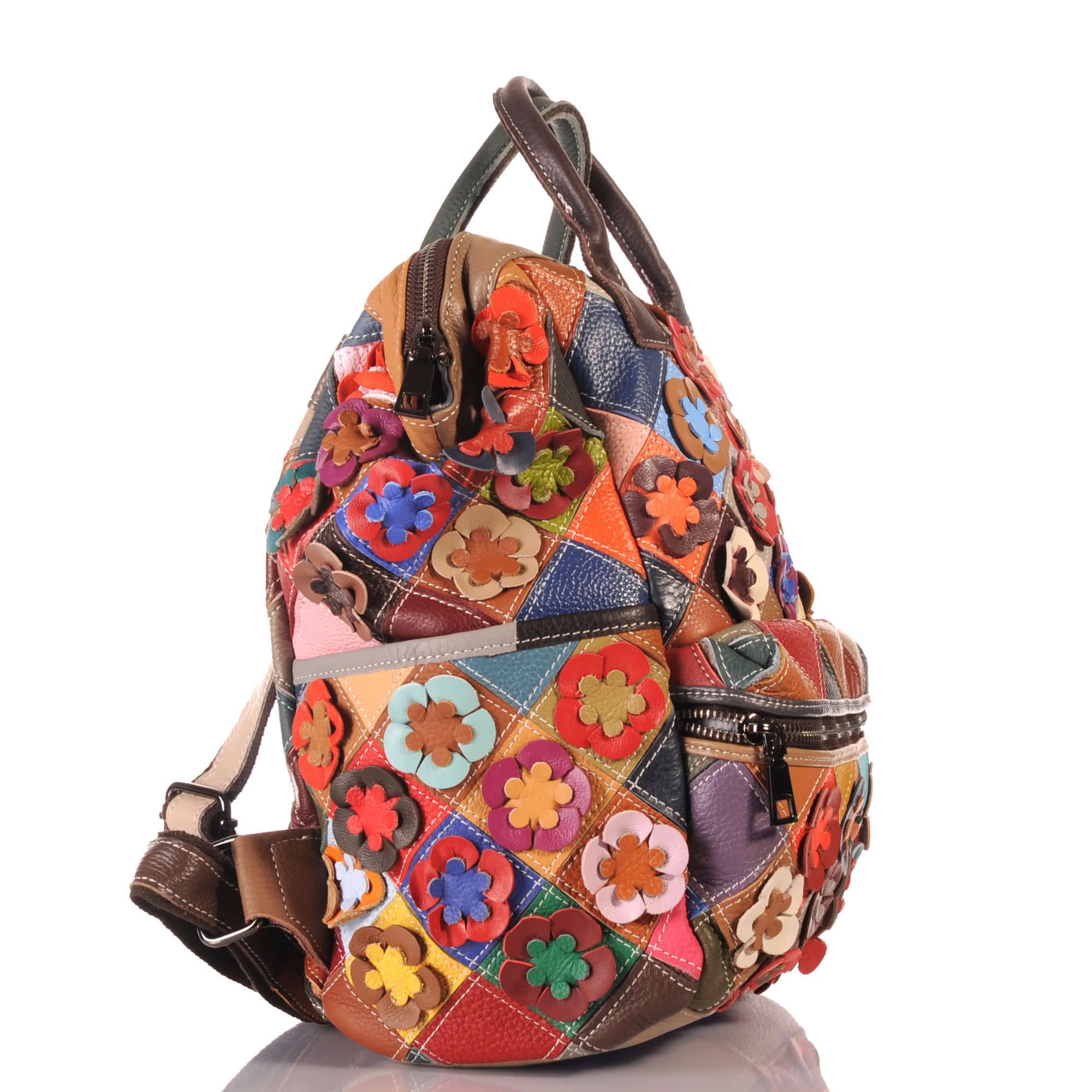 KMISSO Henkeltasche Handgefertigter City Backpack Pachwork Rucksack Blumen Leder bunt 3067 (1-tlg), im eleganten Look