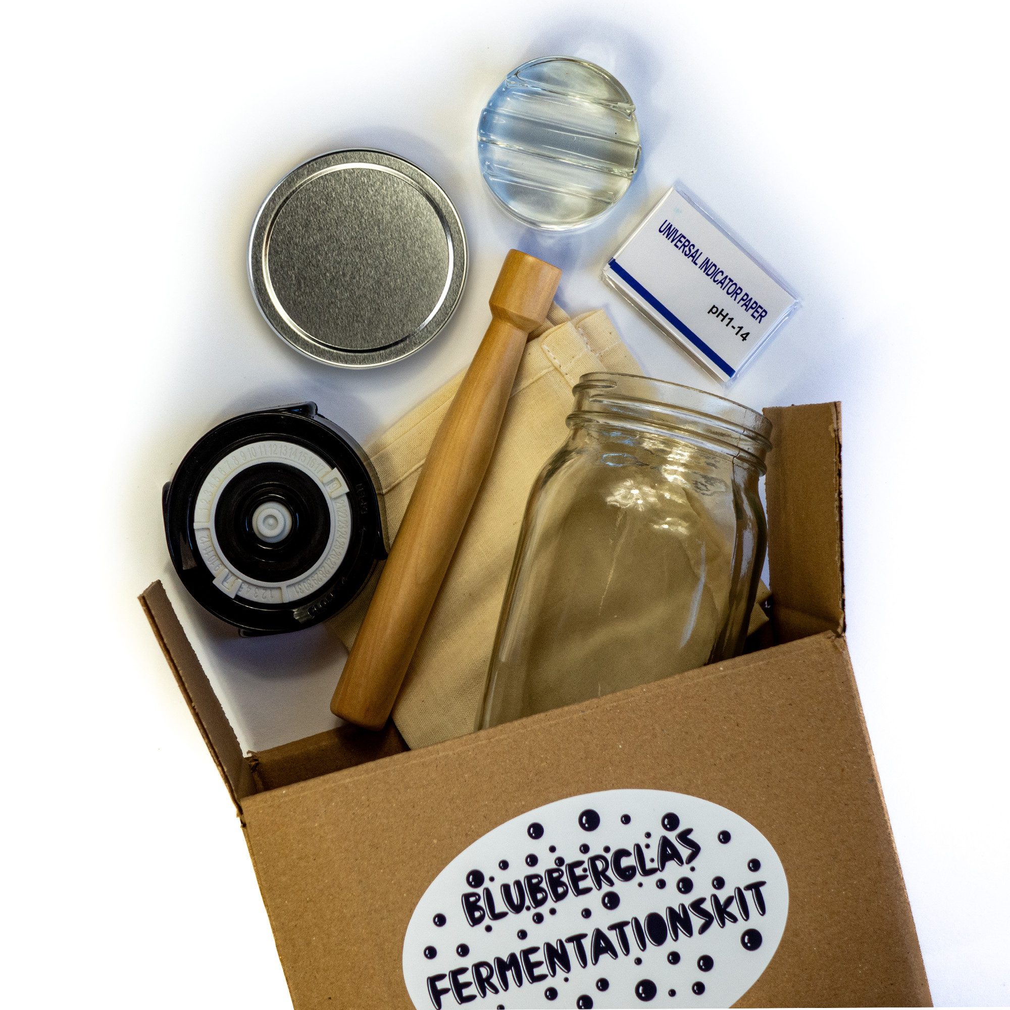 Blubberglas Fermentationsglas Fermentationskit Sauerkraut, Kombucha, Kimchi, Sauerteig fermentieren, (Glas, Fermentationsdeckel, Glasgewicht, Holzstampfer, Baumwolltuch), Assembled in Germany