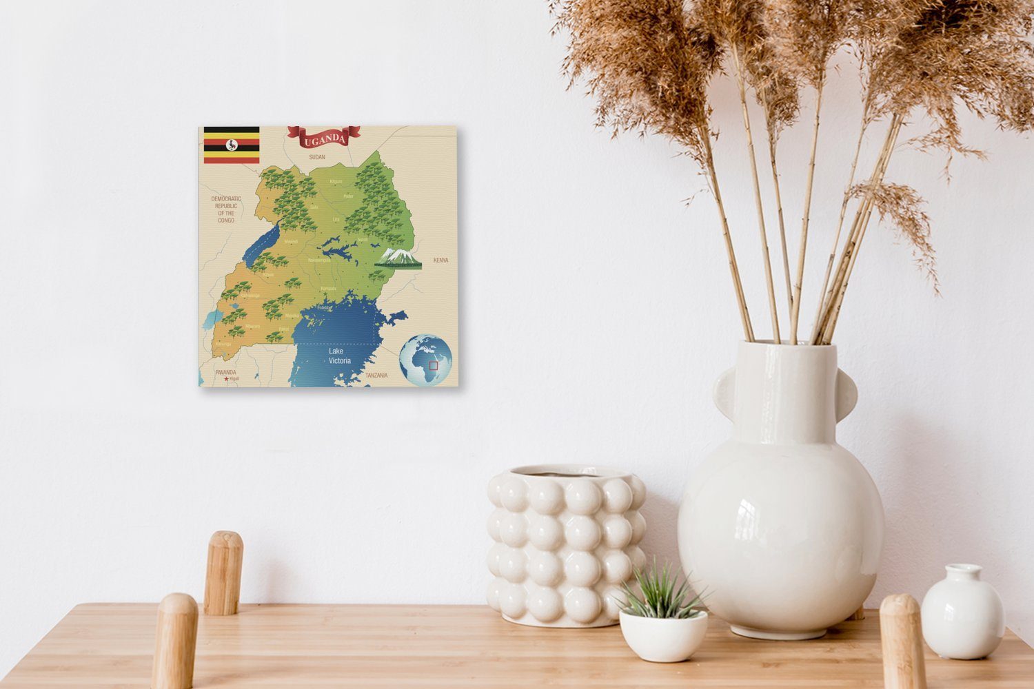 mit St), von OneMillionCanvasses® für Illustration Leinwandbild Uganda kleinen Schlafzimmer einer Zeichnungen, Bilder Karte auf Leinwand Wohnzimmer (1