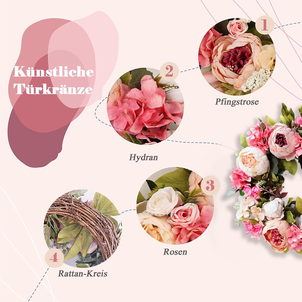 TUWENA Dekokranz Dekorativer Kranz, Künstlicher Blumenkranz Pfingstrosenkranz, Türkranz für alle Jahreszeiten, als Dekoration für Zuhause, Festivals