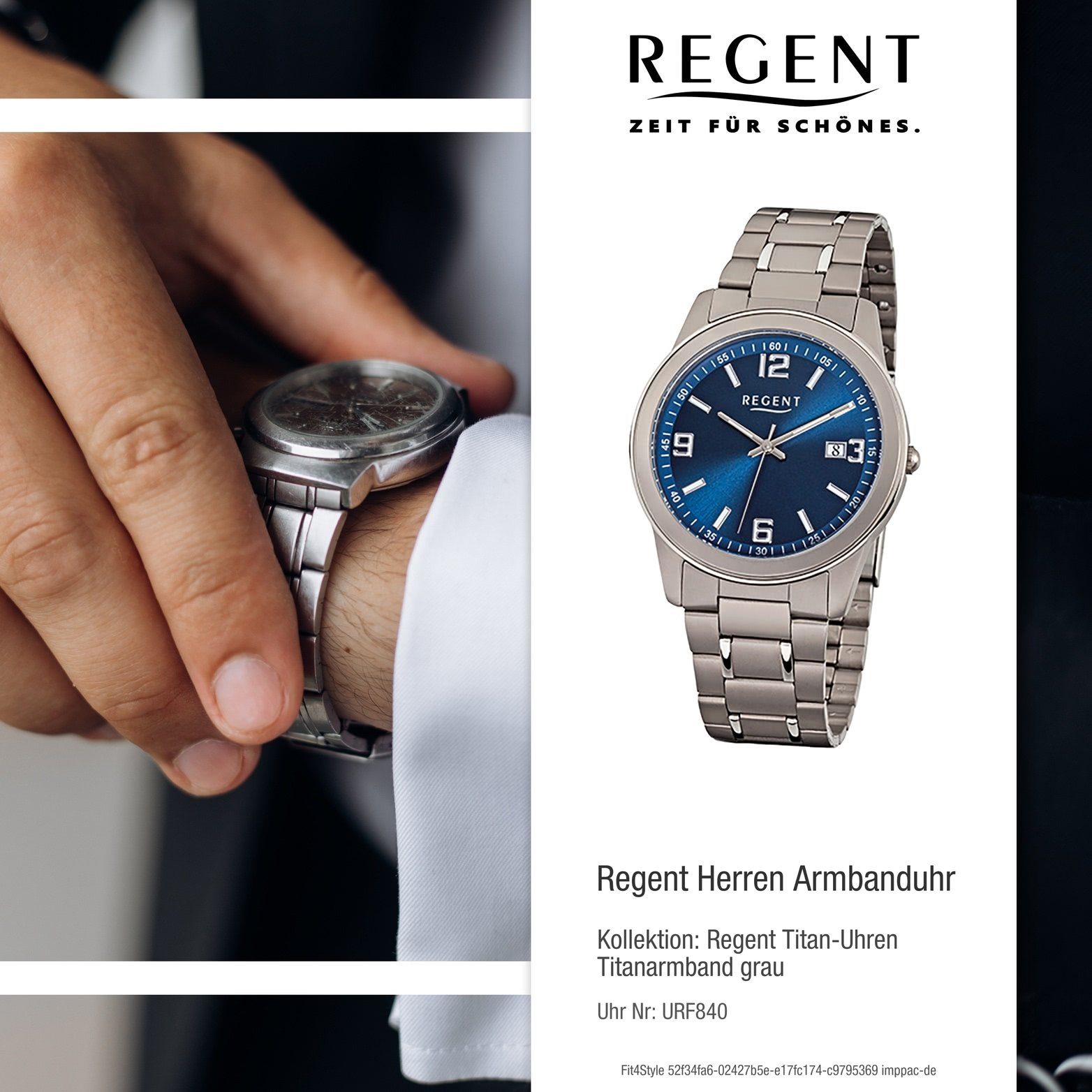 Uhr Titan rundes mittel Quarzuhr F-840, Regent Herrenuhr Herren (Metall) Gehäuse, Titanarmband, mit Elegant 38mm), (ca. Regent