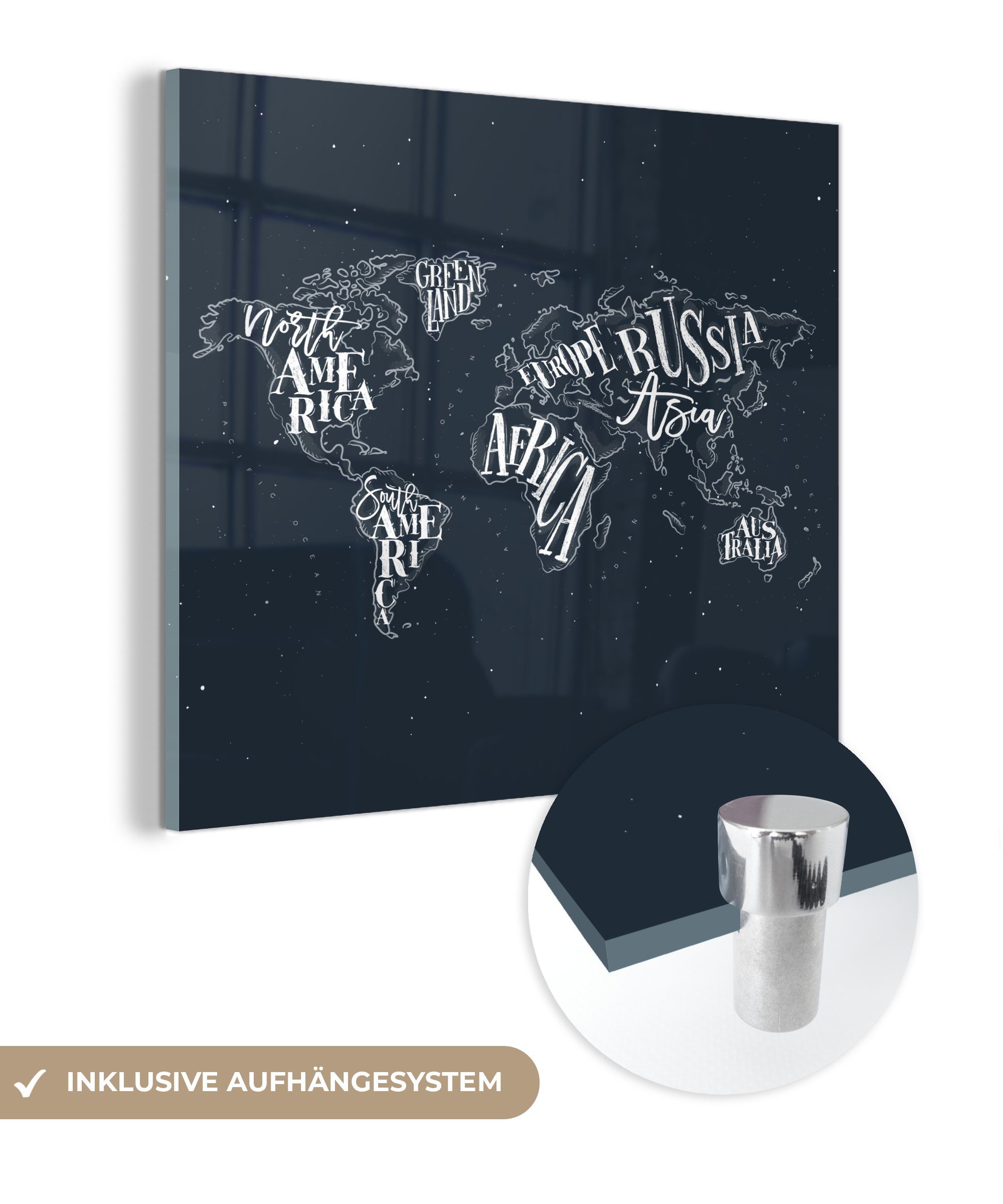 MuchoWow Acrylglasbild Weltkarte - Schwarz auf Bilder Weiß Glas - (1 Sternenhimmel, Foto Glas Wandbild - - auf St), Glasbilder - Wanddekoration 
