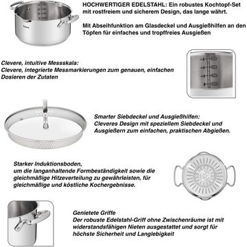 Tefal Topf-Set Duetto/G719S7, Edelstahl (8-tlg., 3 Töpfe, 3 Deckel, 1 Kasserolle, 1 Suppenkalle), Induktion Topf-Set mit Glasdeckel mit Siebfunktion mit Ingenio Suppenkelle, Hochwertig poliertes Edelstahl, Töpfe mit Siebdeckel, Induktionstöpfe, Stielkasserolle Spülmaschinenfesmit