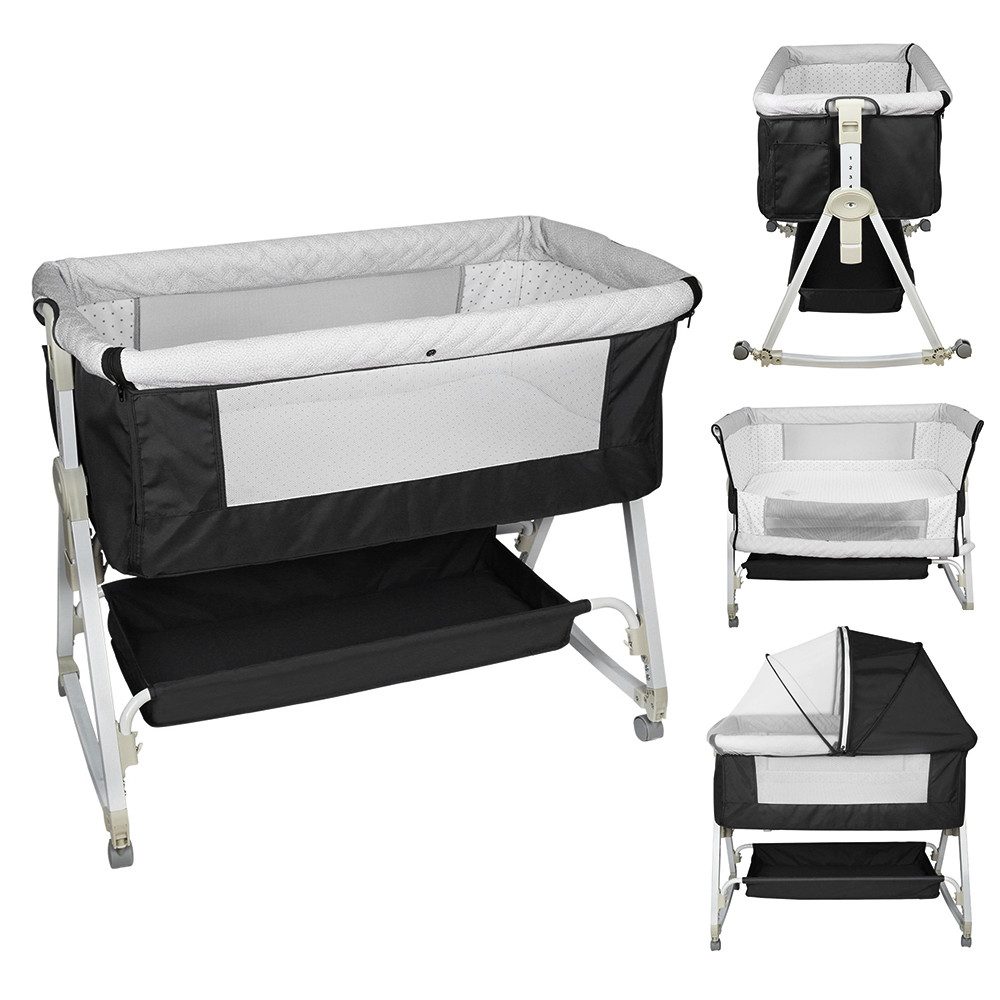 JEOBEST Beistellbett 3 in 1 Babybett & Babywiege & Reisebett, mit Rollen Kinderbett, 6-Fach Höhenverstellung,Wiege-Funktion