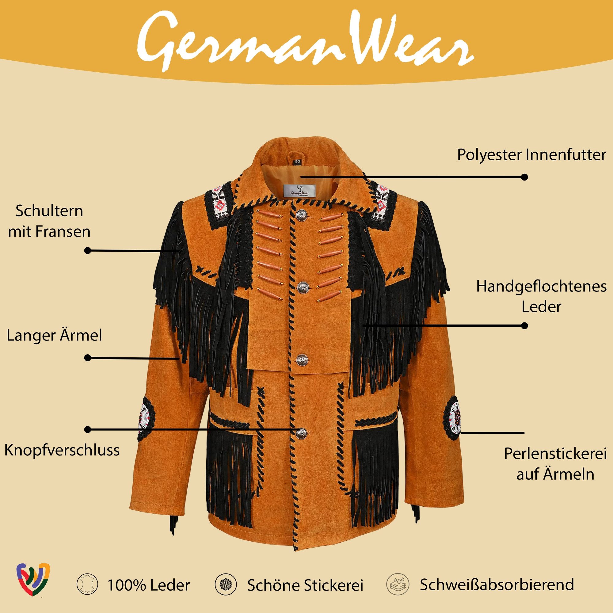 German Wear Trachtenjacke GW959J Herren Westernjacke Lange Reiter Jacke Western-Lederjacke