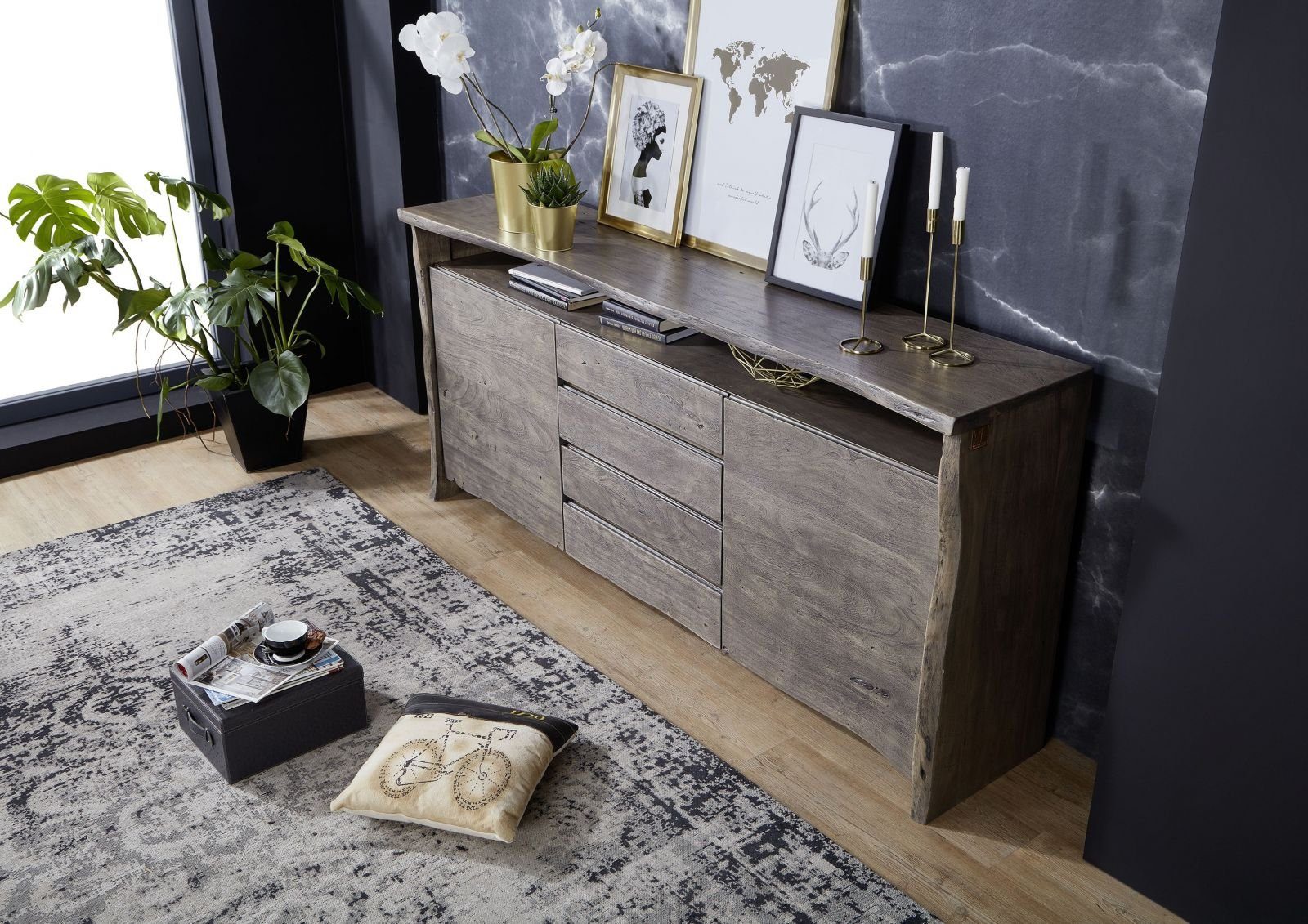Massivmoebel24 Sideboard PURE ACACIA (Massivholz), Sideboard Akazie210x45x96 grau lackiert PURE ACACIA #901