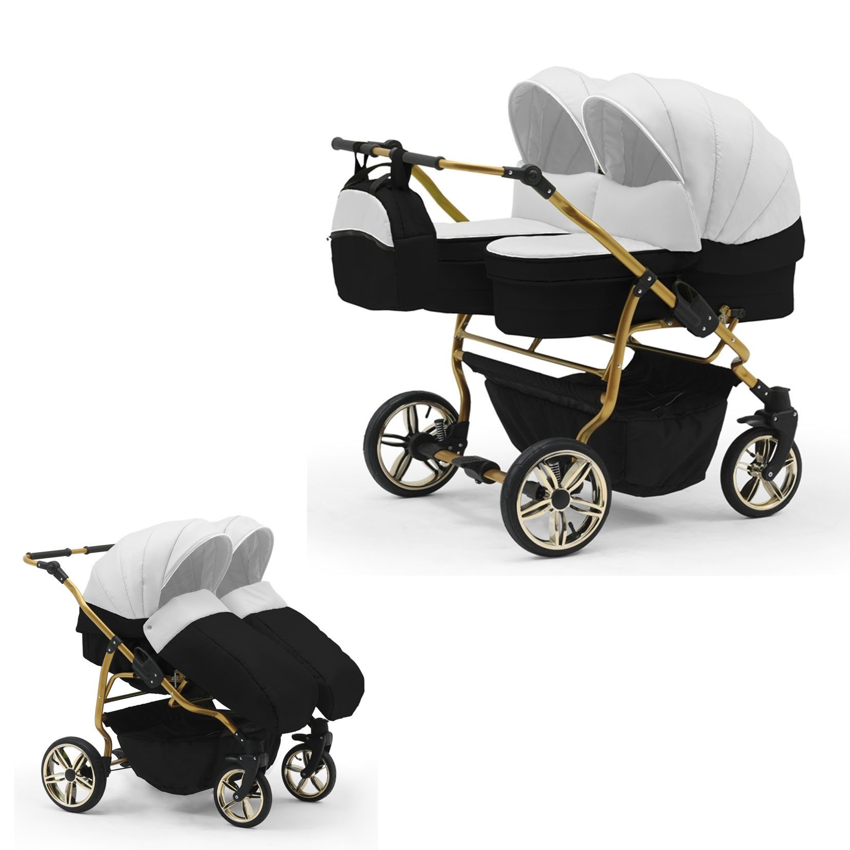 babies-on-wheels Zwillingswagen Zwillingskinderwagen 2 in 1 Duet Lux - 10 Teile - in 33 Farben Weiß-Schwarz