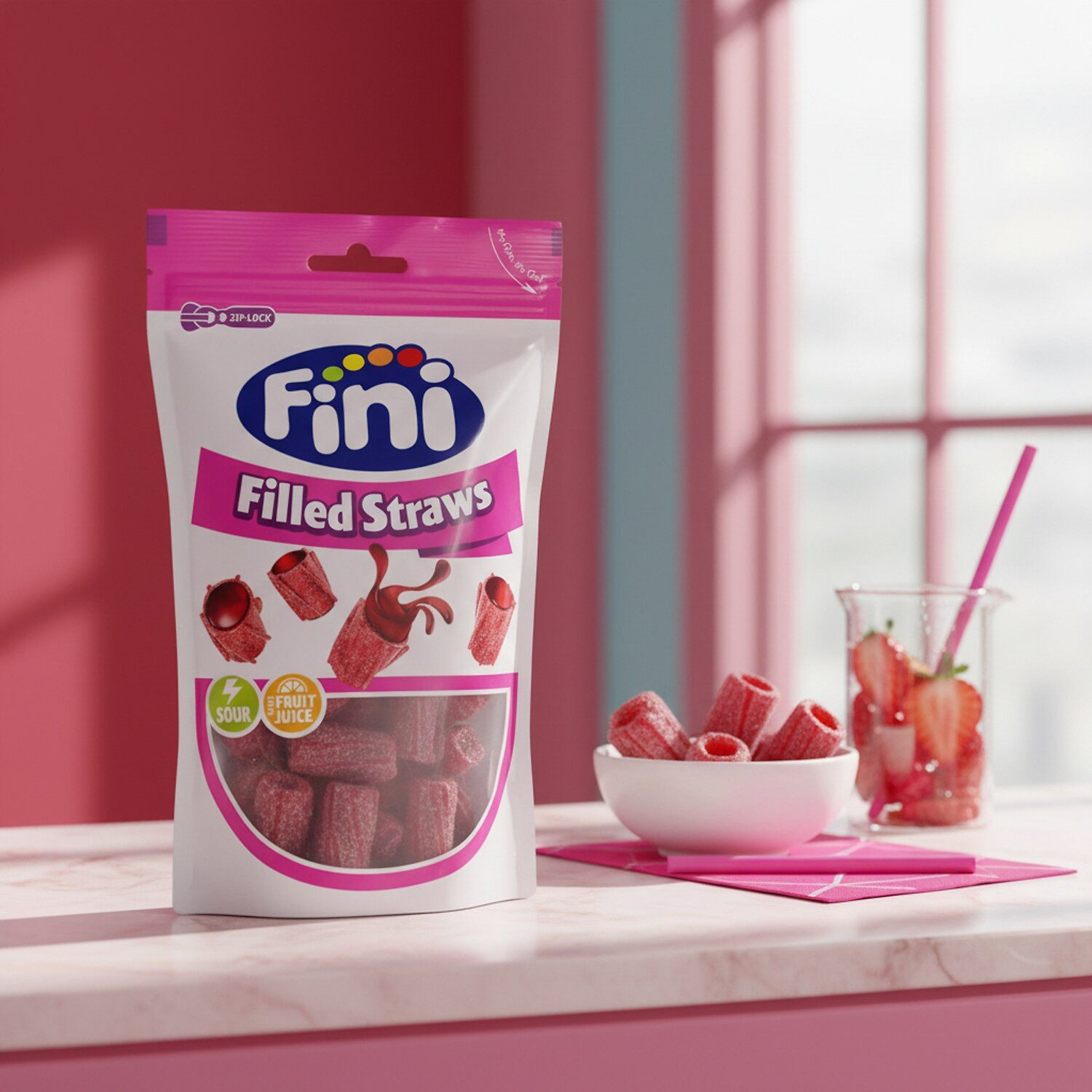 Fini Süßigkeit, 1 x 165 g, Filled Straws – Saure Erdbeer-Fruchtgummis