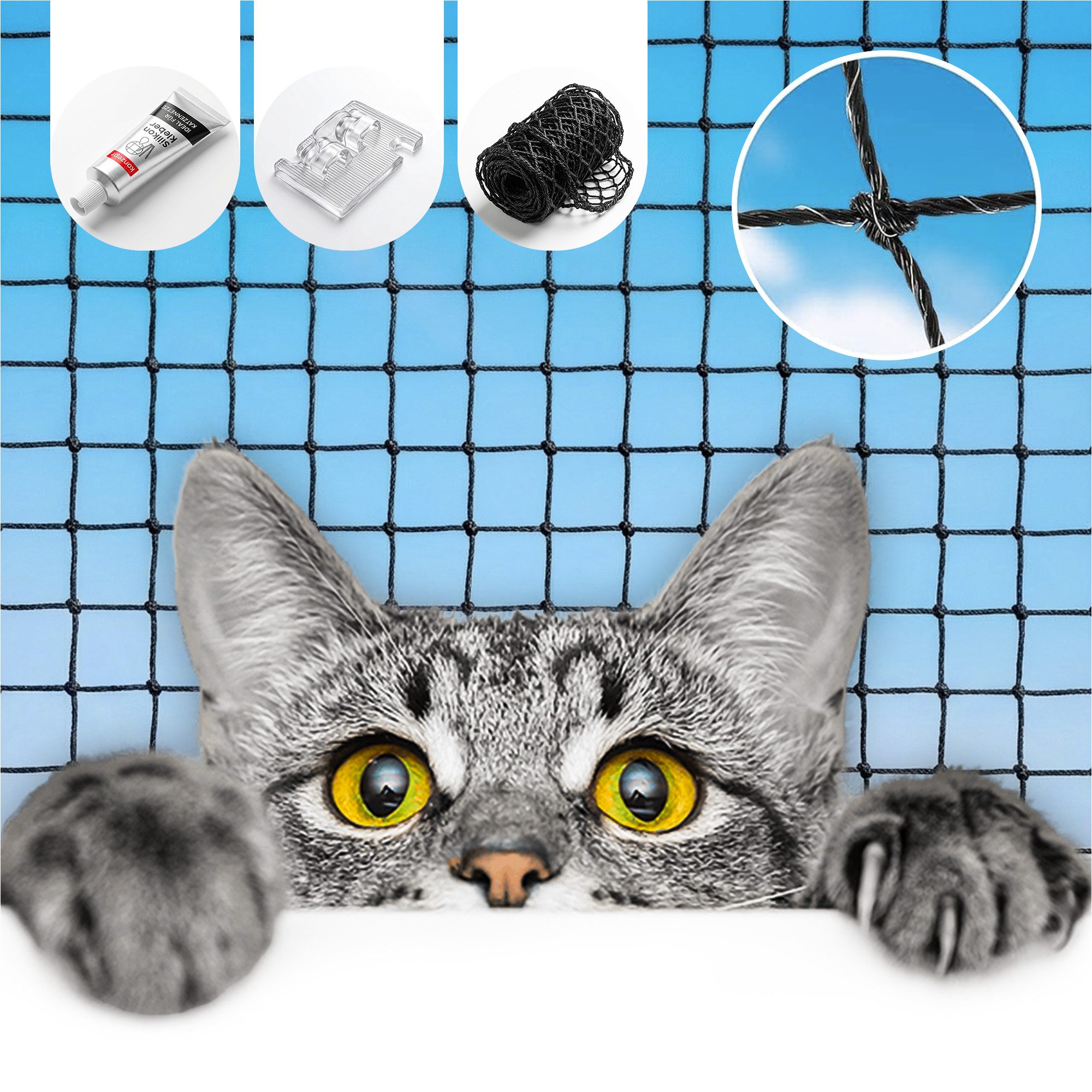 KONZEPT Tiersicherheitsnetz für Katzen, Balkonnetz ohne Bohren, 3 x 3 cm Maschenweite, Bissfest, Kratzfest, Reißfest, Wetterbeständig, Maschenweite: 3 x 3 cm