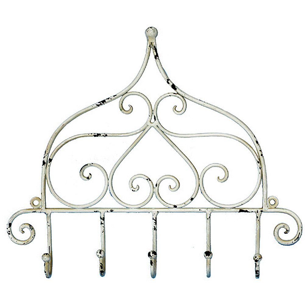 Macosa Home Garderobenhaken Hakenleiste nostalgie 5 Haken vintage Antik-Weiß Metall patiniert, Dekohaken Schlüssel-Haken Shabby Wandhaken Kleiderhaken Küchenhaken