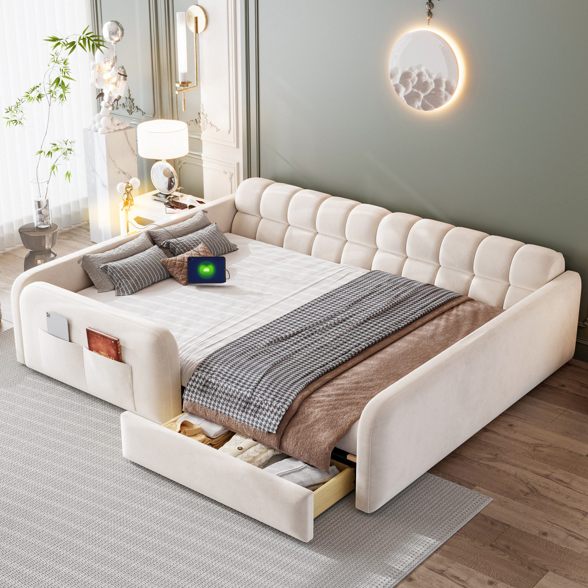 Flieks Polsterbett, Kinderbett Daybett 140x200cm mit Schublade Nachtlicht Ladeanschluss