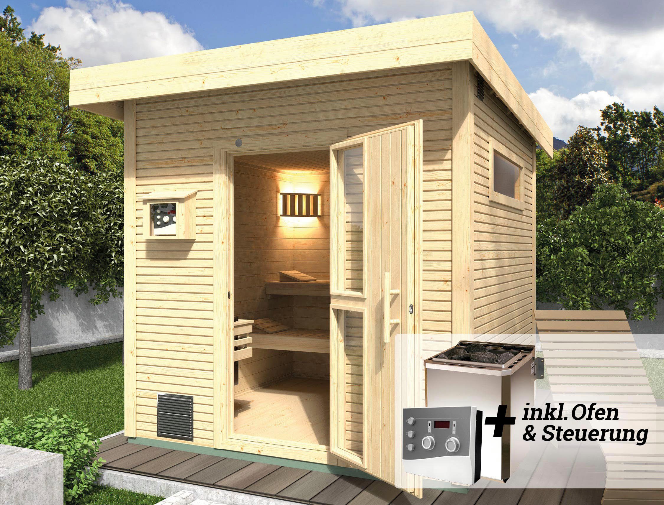weka Saunahaus Kuopio, BxTxH: 263 x 298 x 253 cm, 45 mm, (Set) 9 kW Bio-Ofen mit analoger Steuerung