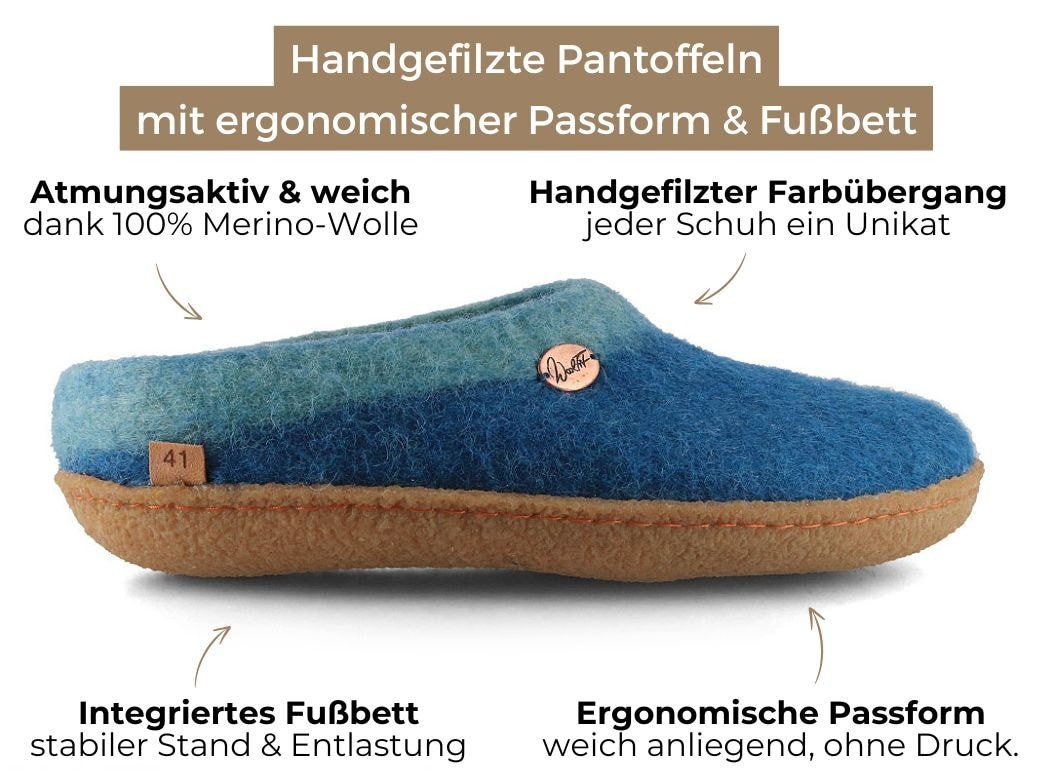 WoolFit Sherpa unisex Filzpantoffeln mit Gummisohle und Fußbett Hausschuh zweifarbig handgefilzt aus 100% Wolle