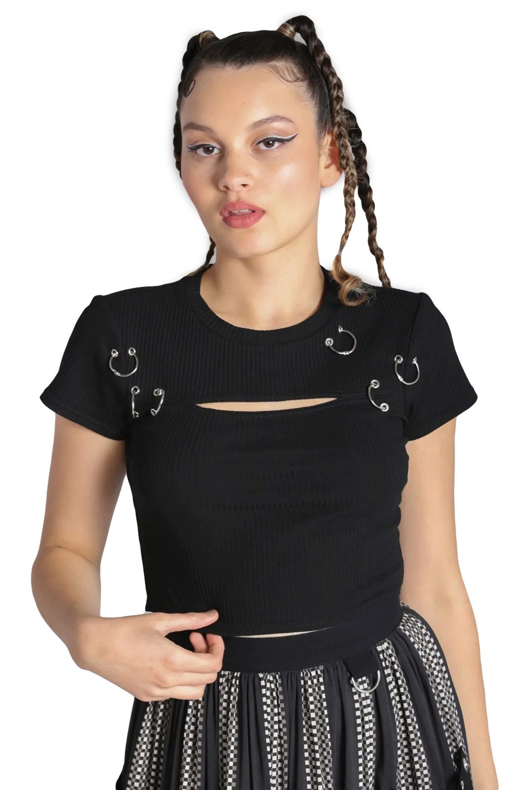 Hell Bunny Crop-Top Taylor Cyber Punk Metal Piercing Oberteil