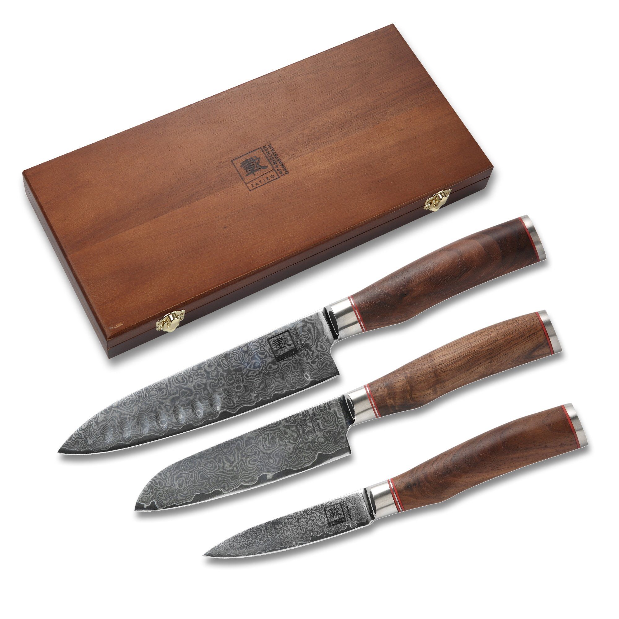 ZAYIKO Messer-Set Kurumi 3er Damast Küchenmesser 9-17 cm Klingen Nussbaumholzgriffe (Damastmesser-Set mit Geschenkbox, 3-tlg., 3er Damastmesser-Set), Damaststahl, VG10-Kern