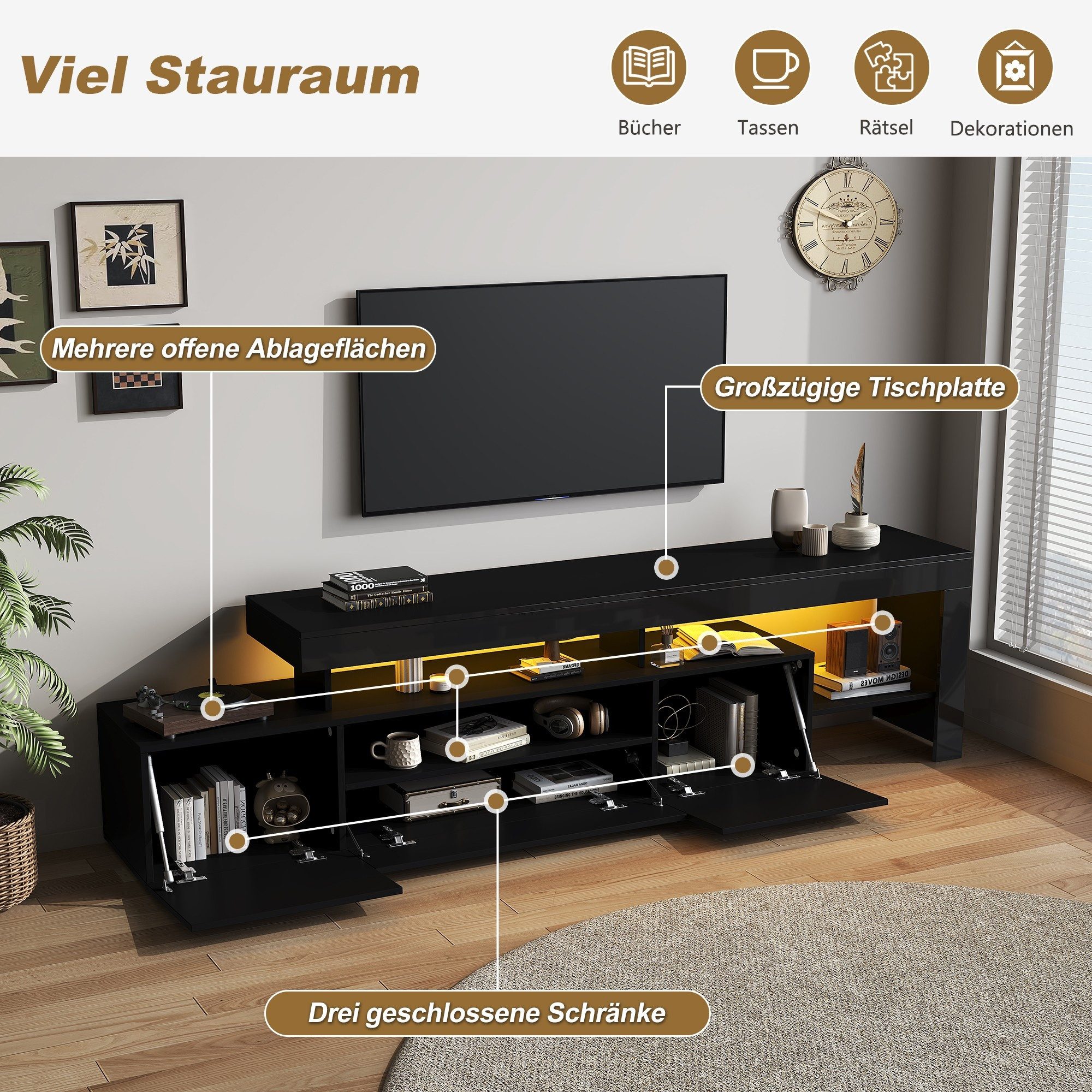 BlingBin Lowboard TV schrank mit 3 Klapptüren und LED-Beleuchtung, Hochglanzfront (TV stand, 1 St., TV-Kommode Geeignet für Fernseher um 85 Zoll), Fernsehschrank mit App-gesteuerter RGB-LED-Beleuchtung, Schwarz