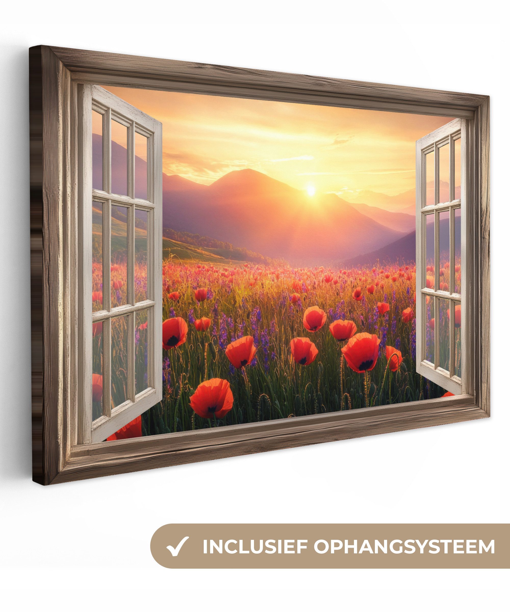 OneMillionCanvasses® Leinwandbild Fensterblick - Fenster - Mohnblumen - Blumen - Rot - Offenes Fenster, Fotodruck (1 St), Leinwand Bilder Klein, Wand Dekoration Aesthetic 30x20 cm