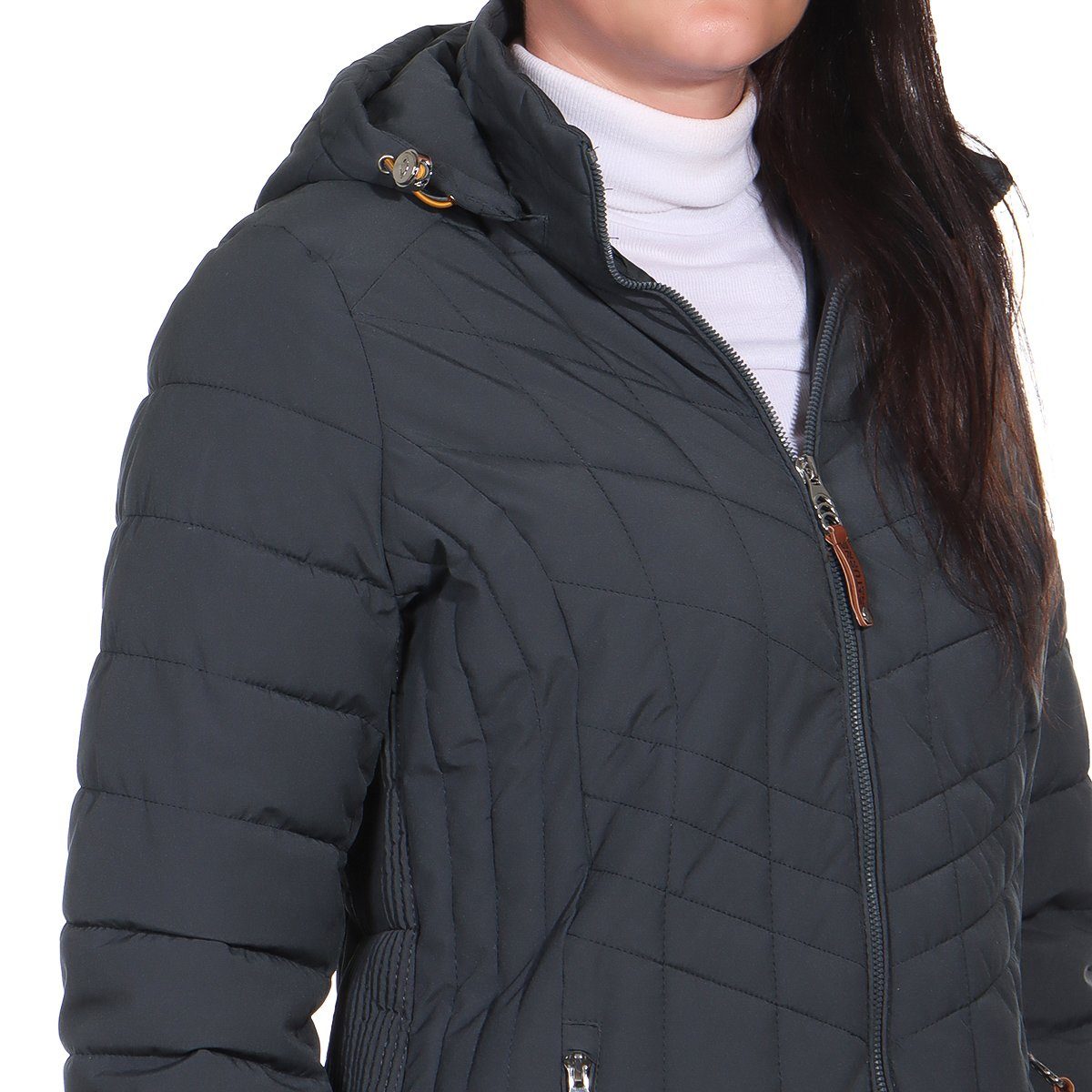 Aurela Damenmode Winterjacke Kuschelige Steppjacke Damen gefüttert für warm mit mit erhältlich, Kapuze, mit (1-St) auch Größen großen Blau-Grau in Innenfell Teddyfell